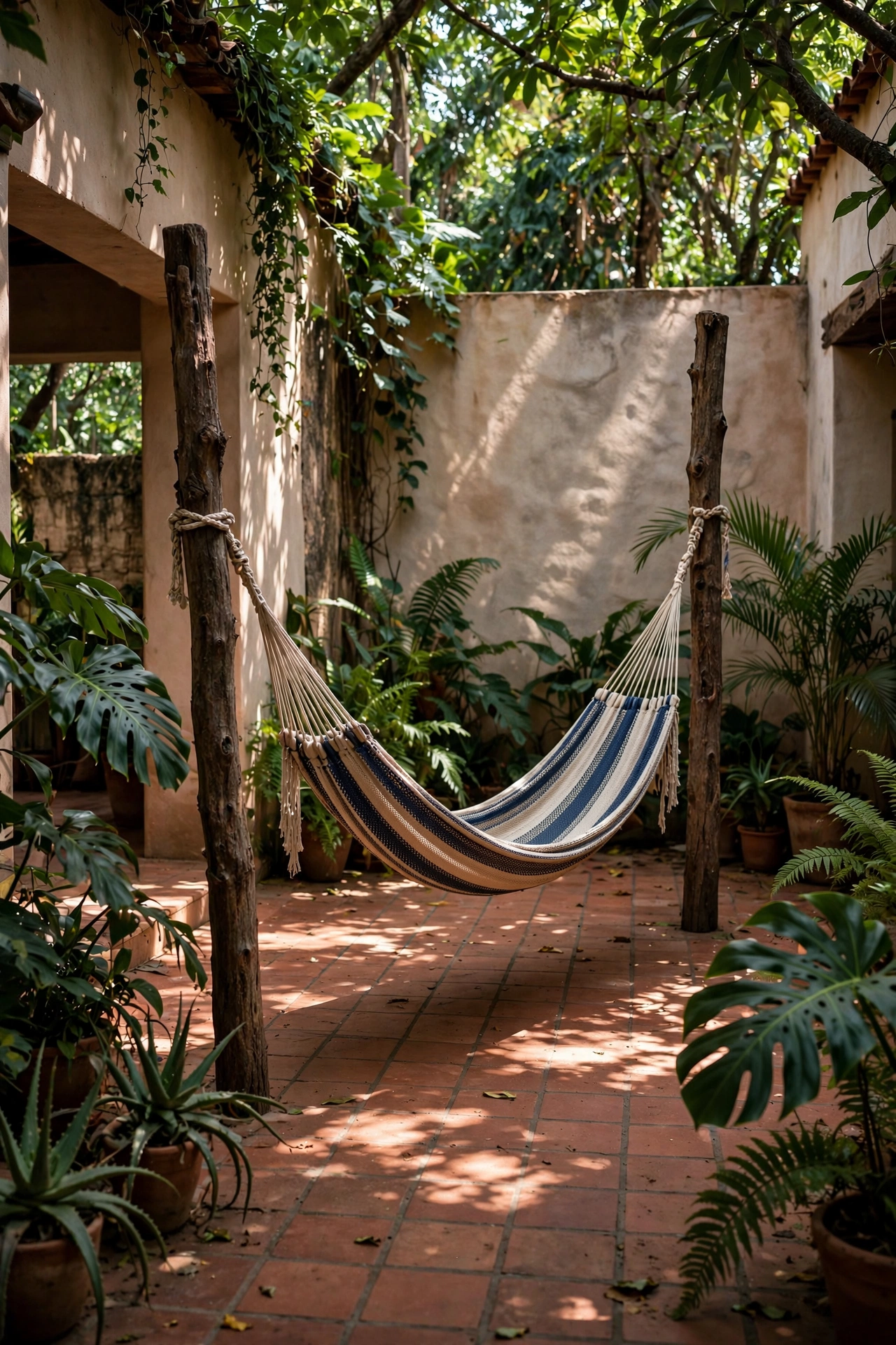 Woven striped hammock strung between wooden posts in a shaded hacienda courtyard