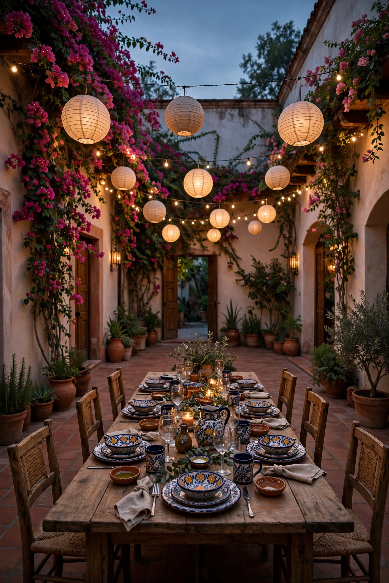 Hacienda courtyard at dusk with hanging lanterns and string lights over a dining table