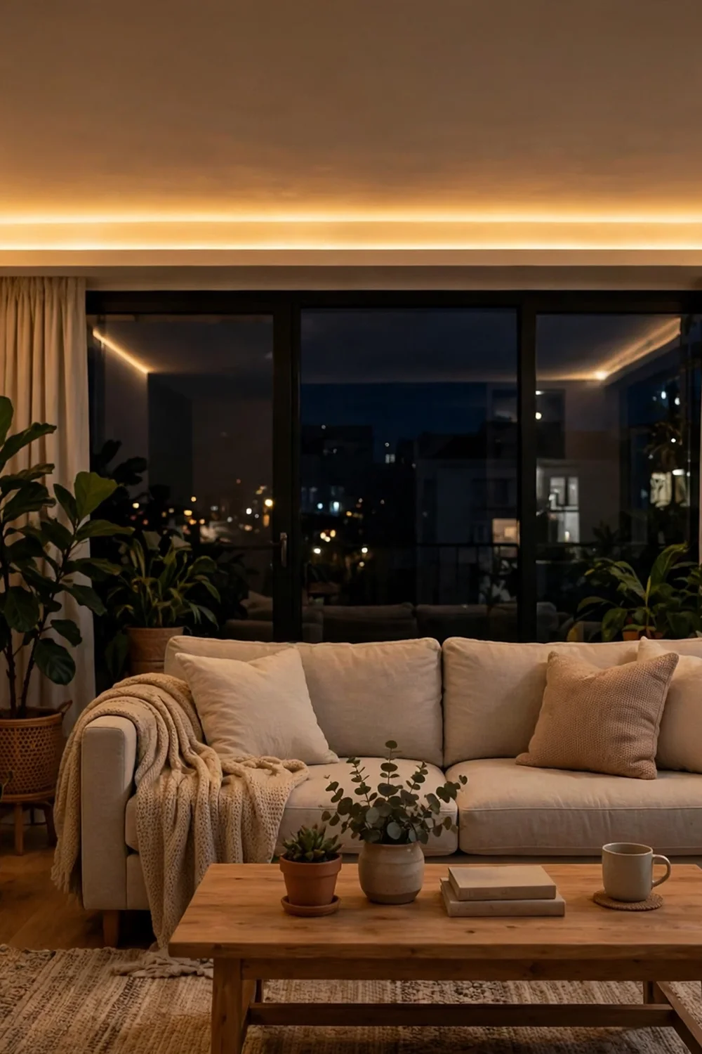Cozy living room with hidden cove lighting along the ceiling edge casting a warm upward glow