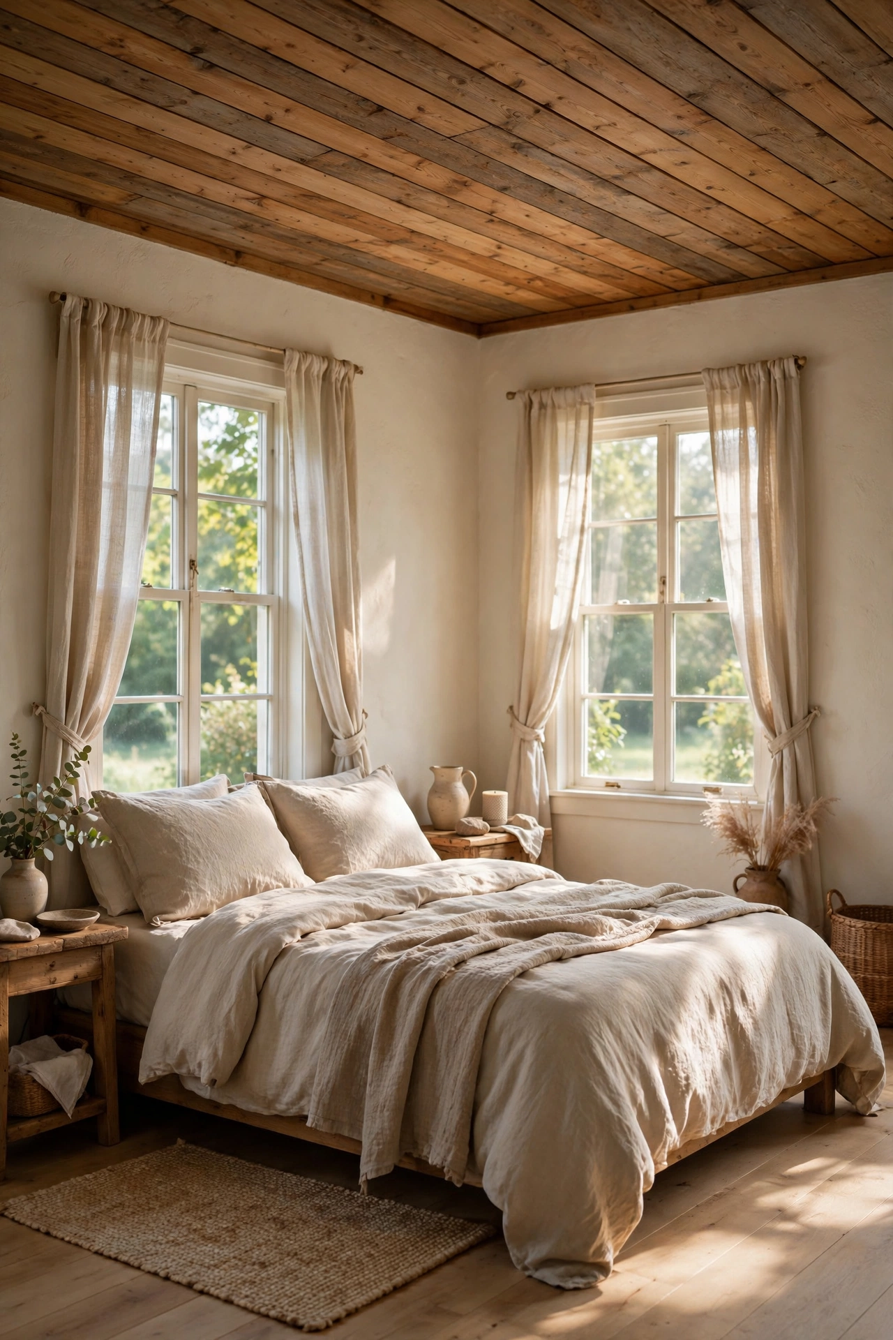Warm wood plank ceiling in a cozy farmhouse bedroom with neutral bedding