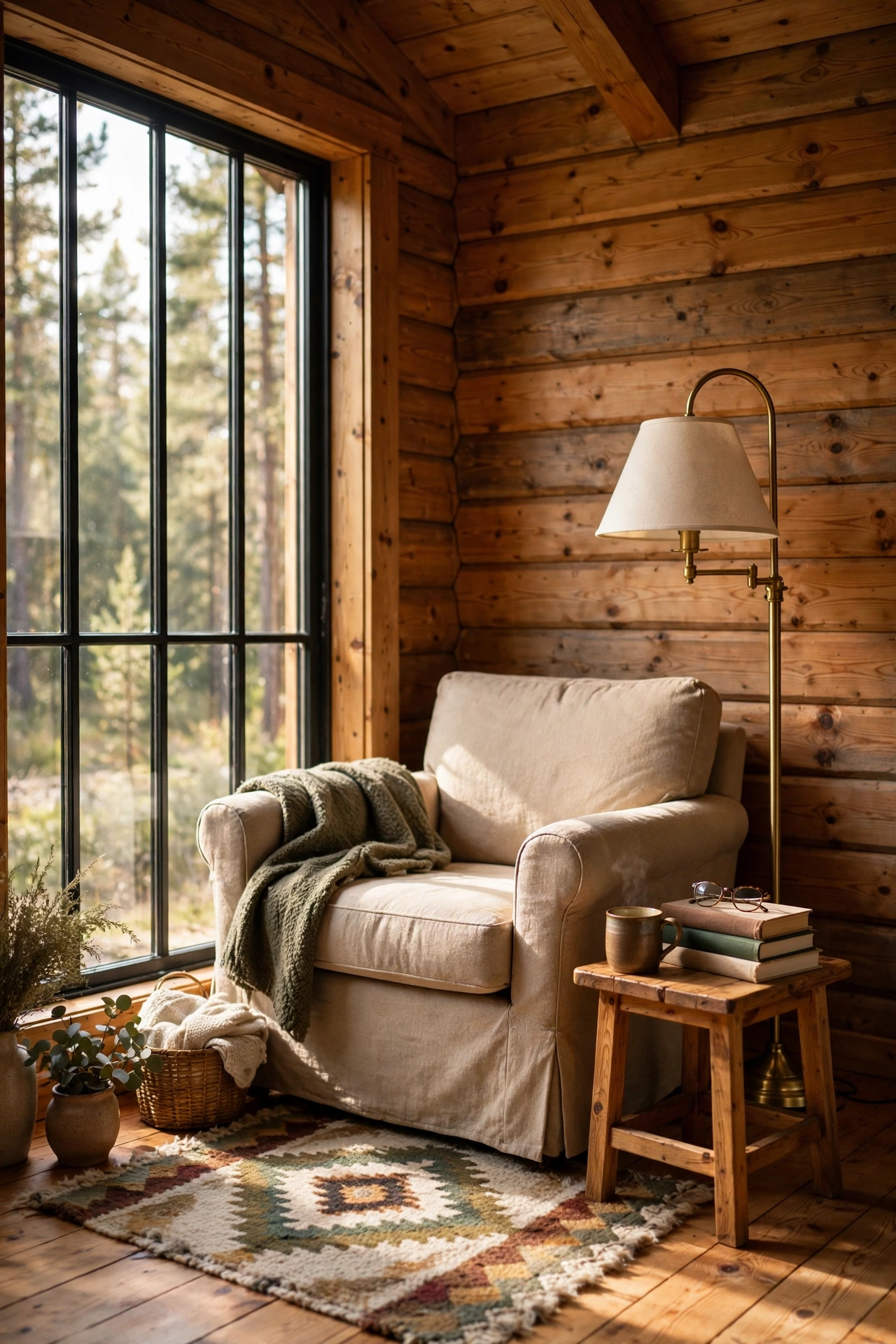 Cozy reading corner with armchair and floor lamp by a window in a pine cabin