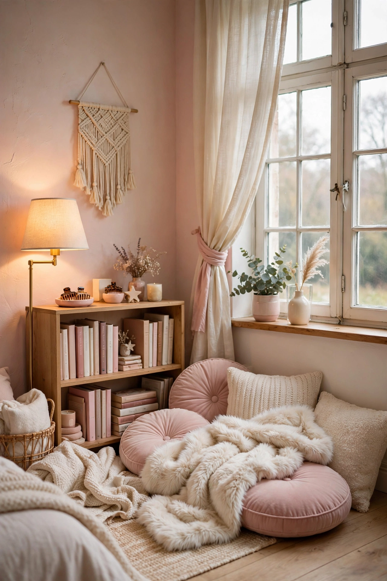 Cozy reading nook with floor cushions, throw blanket, and warm lamp in a teen bedroom corner