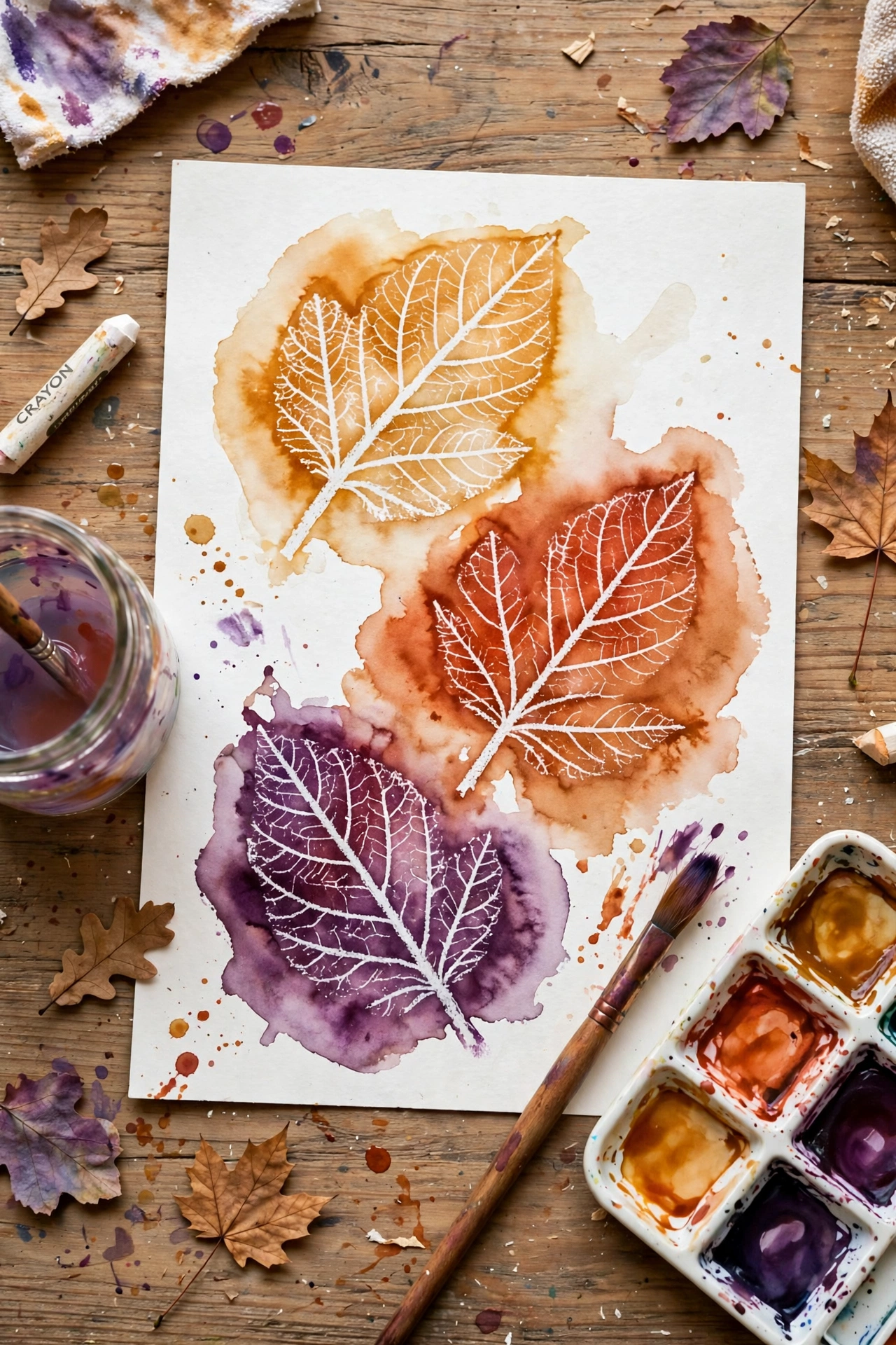 Watercolor painting with white crayon leaf vein patterns resisting amber and rust paint washes