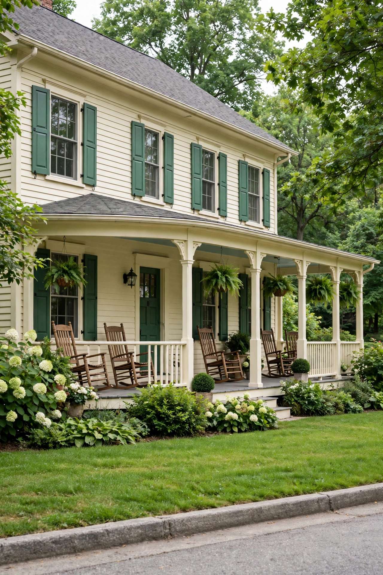 Cream farmhouse with forest green shutters, wraparound porch and rocking chairs
