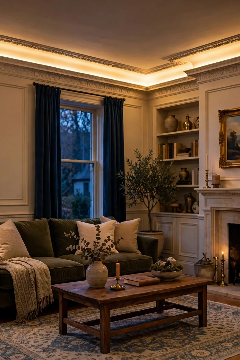 Elegant living room with LED strip hidden behind crown molding casting warm light up the ceiling
