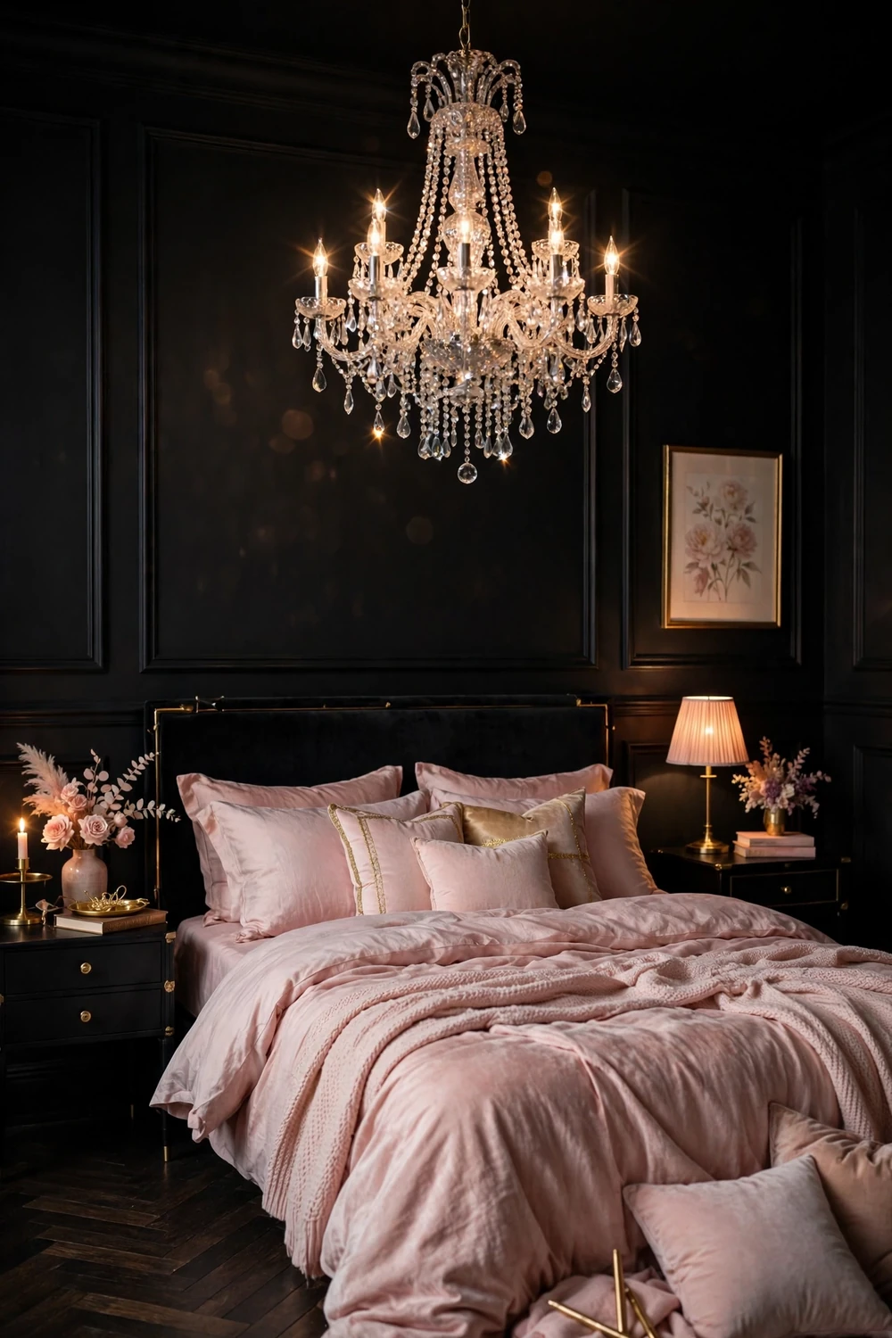 Crystal chandelier glowing warmly in a black-walled romantic bedroom over the bed
