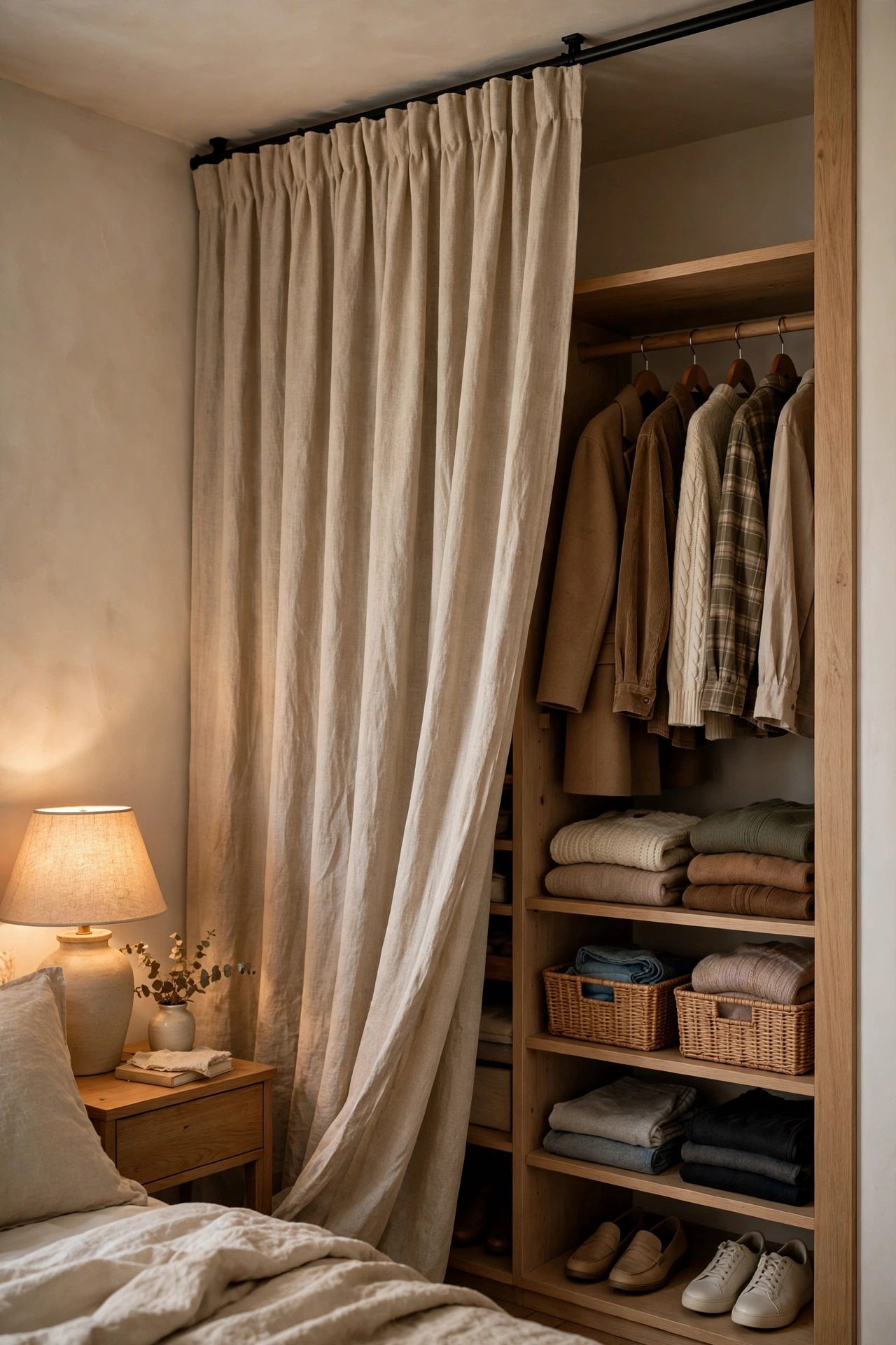 Clothing rack and shelves partially hidden behind a flowing linen curtain on a ceiling track