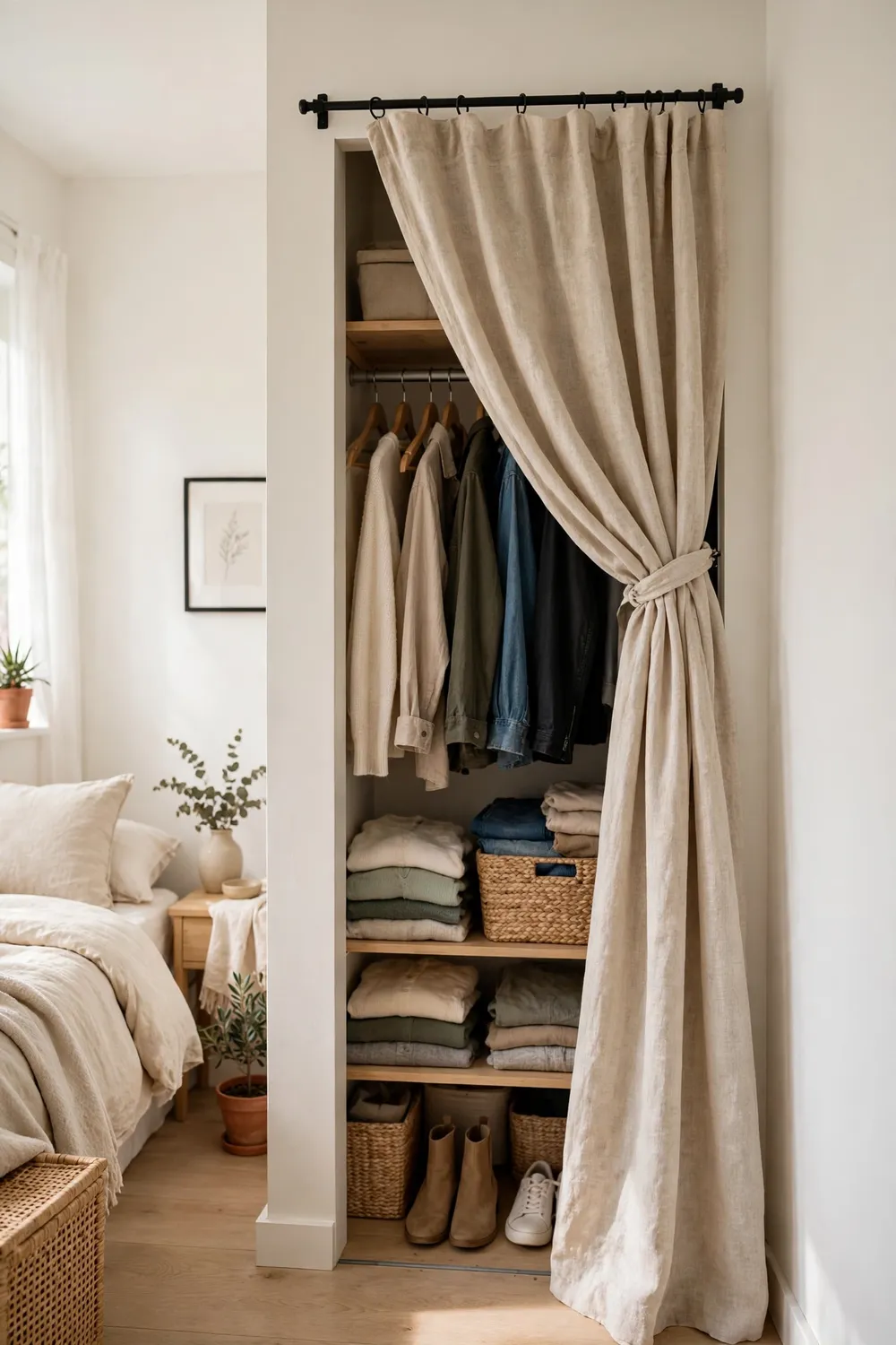 Fabric curtain on a tension rod covering an open closet loft doorway