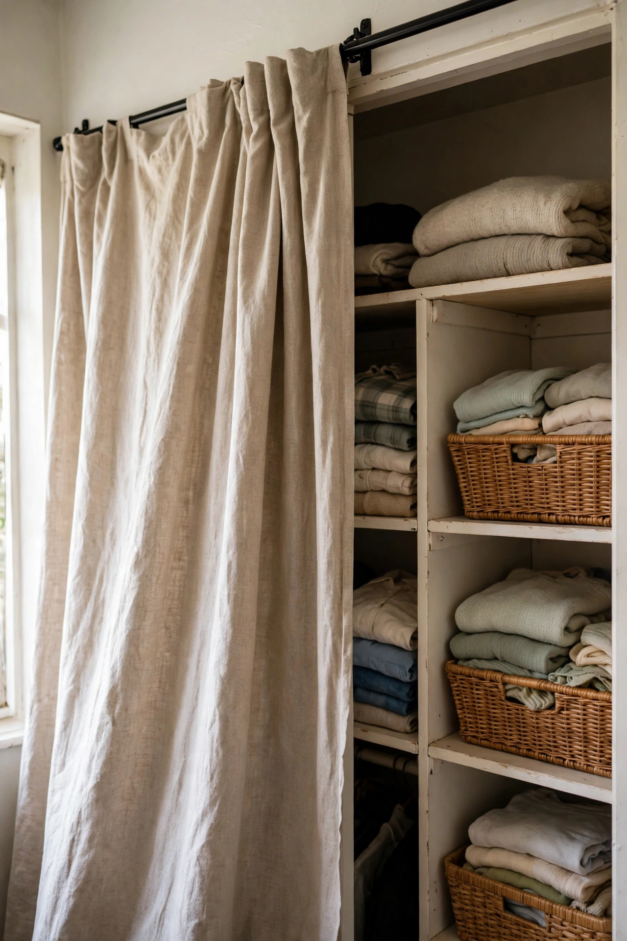 Rental closet with open shelving concealed by linen curtain on tension rod