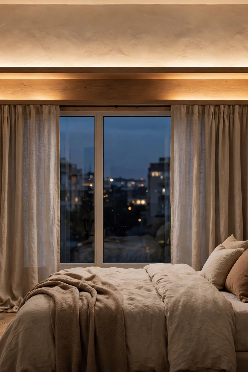 Bedroom with warm hidden uplights behind a curtain valance washing light up the wall