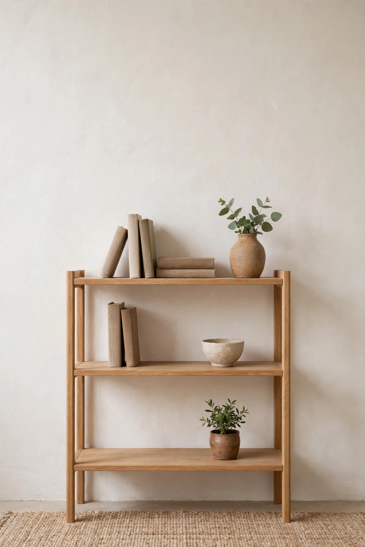 Minimal styled bookshelf with ceramics plants and books in an organic modern living room