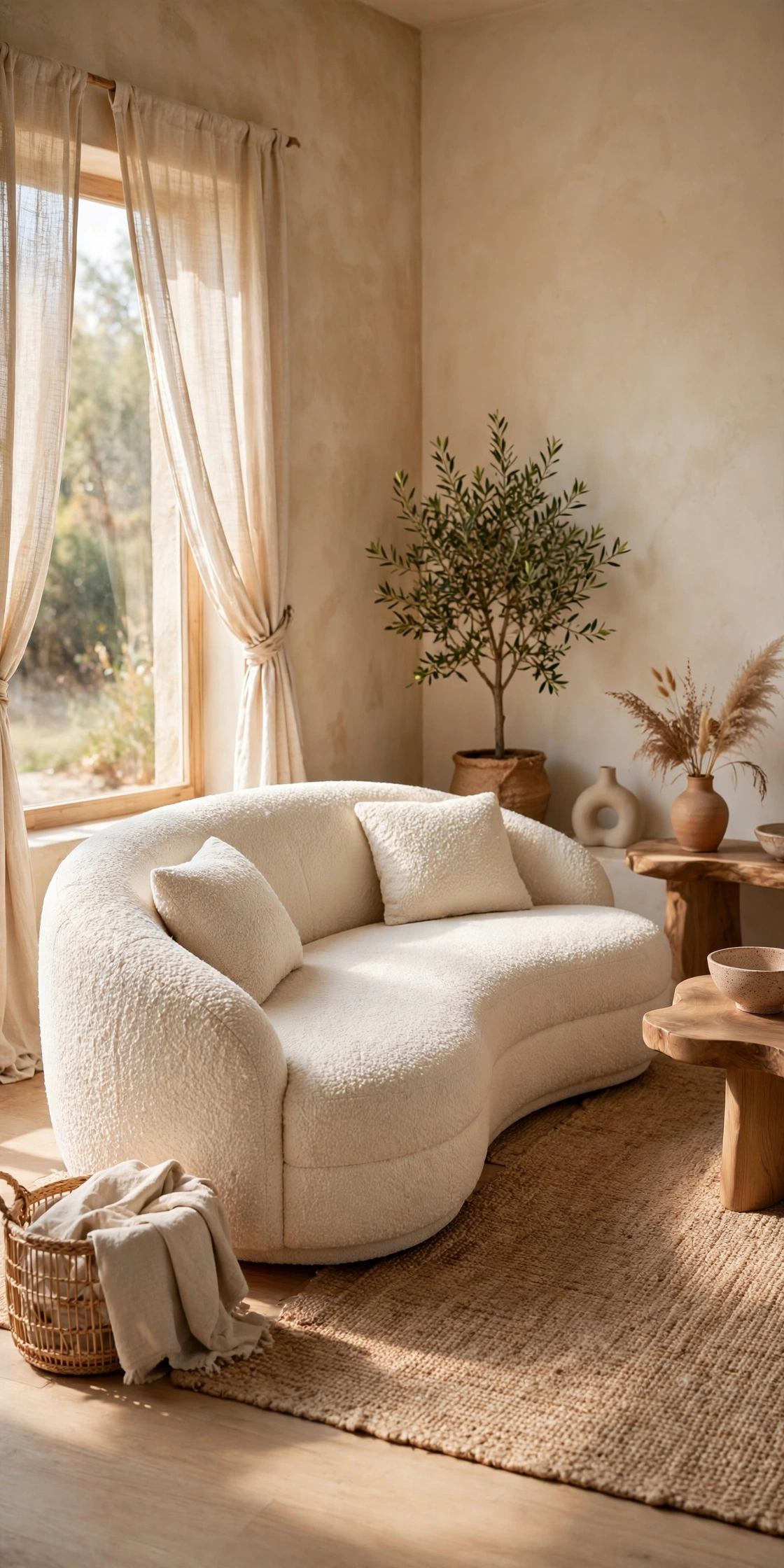 Curved cream bouclé sofa in an organic modern living room with natural light