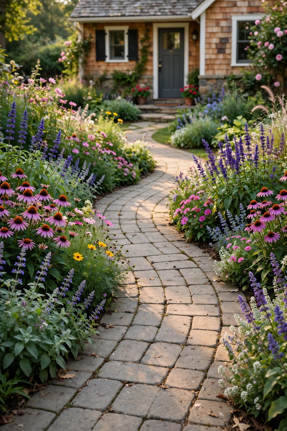 Curved concrete paver walkway winding through colorful flower borders in a cottage front yard