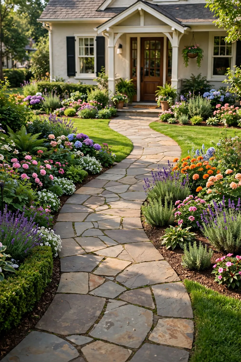 Curved flagstone pathway winding through a manicured front lawn to a house entrance with layered flower beds