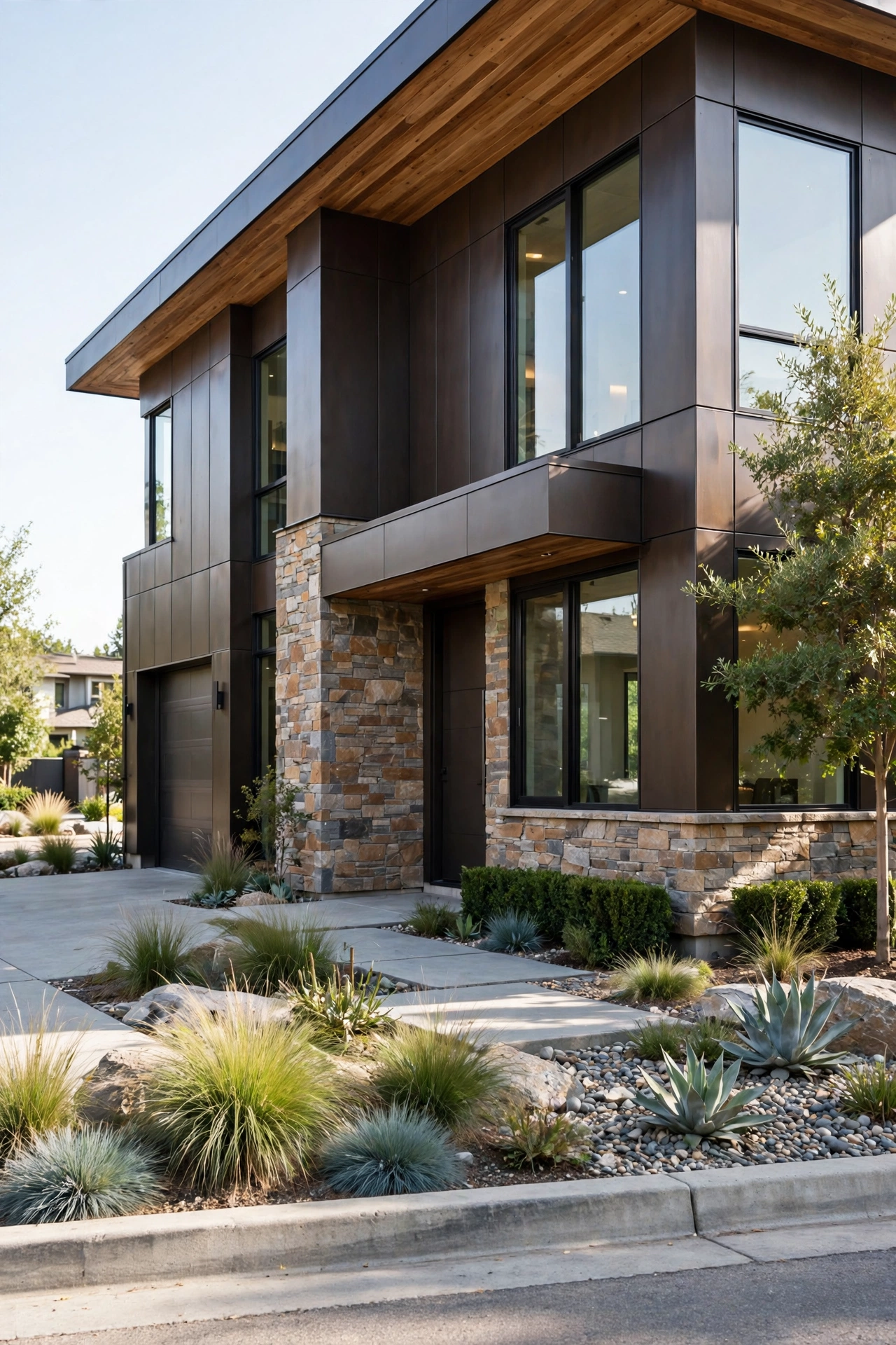 Dark bronze contemporary house with natural stone veneer accents and wood soffits