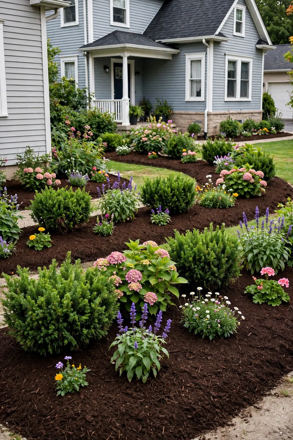 Unified garden beds with rich dark brown mulch, neat edges, shrubs and flowers around a suburban house