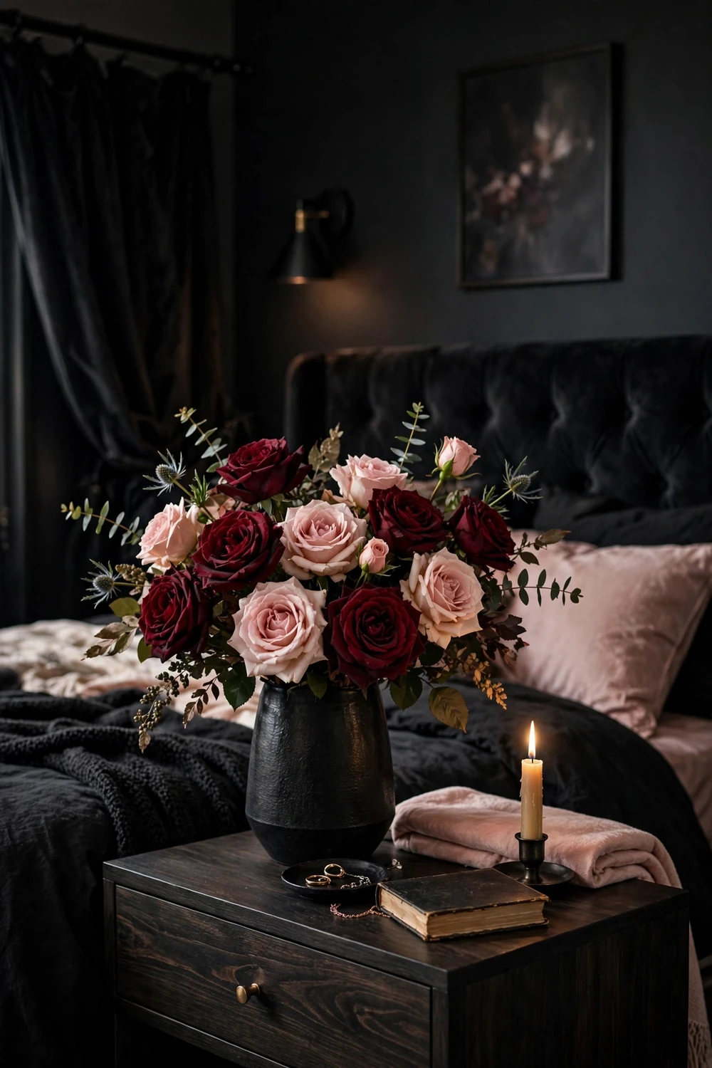 Moody arrangement of burgundy and blush roses in a black vase on nightstand