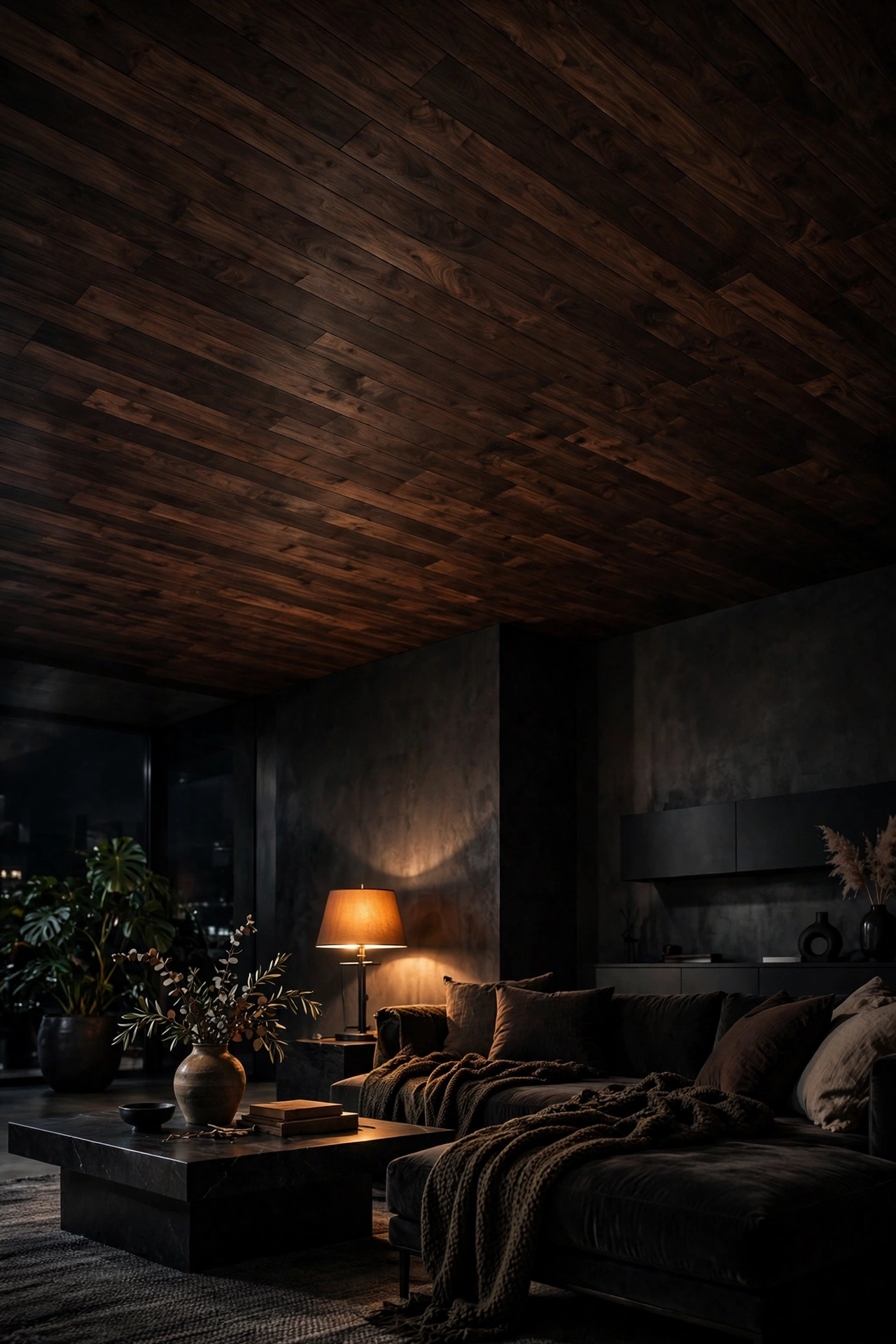 Dark walnut-stained wood plank ceiling in a moody modern living room