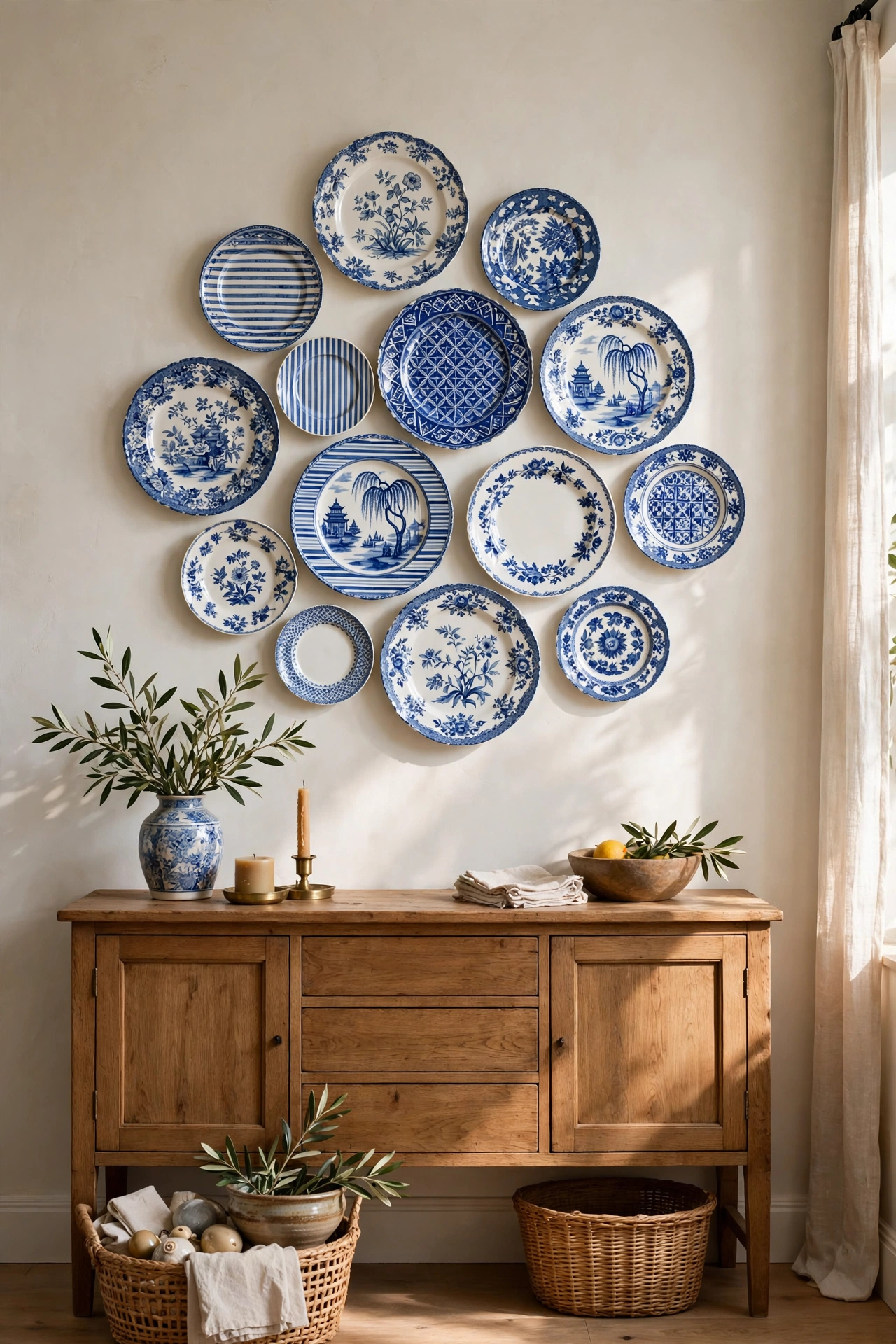 Dining room wall decorated with a curated arrangement of decorative plates in blue and white