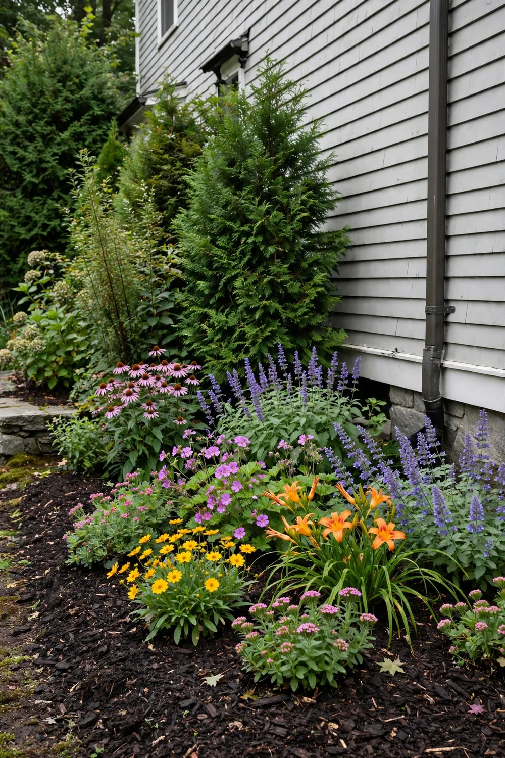 Deep layered foundation flower beds with tall shrubs behind colorful perennials and dark mulch along a house
