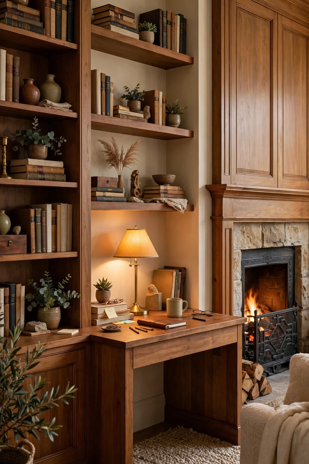 Built-in desk workspace beside bookshelves and a fireplace in a living room