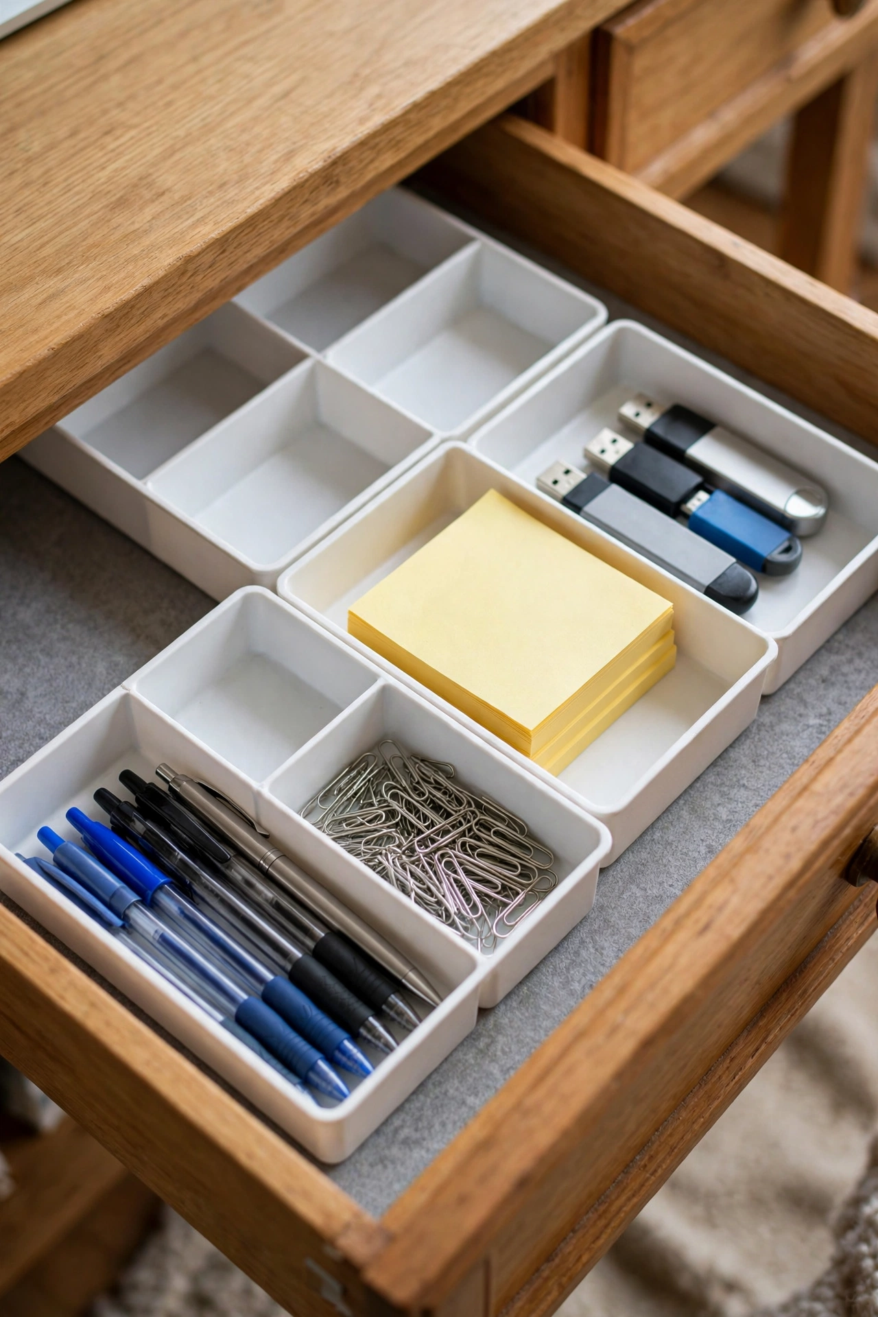 Desk drawer fitted with small plastic organizer trays sorting pens clips and office supplies
