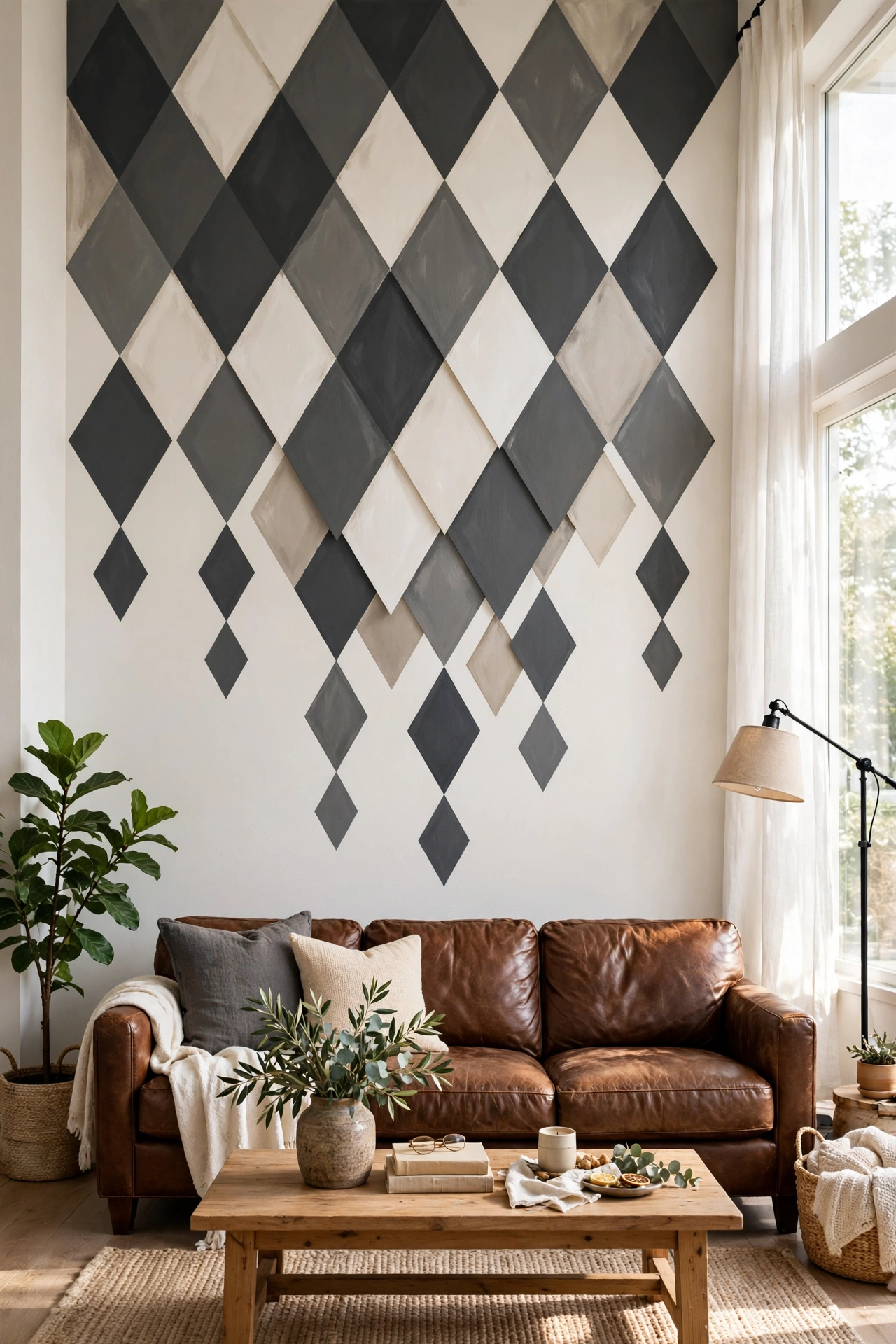 Living room wall with overlapping charcoal and white diamond harlequin pattern