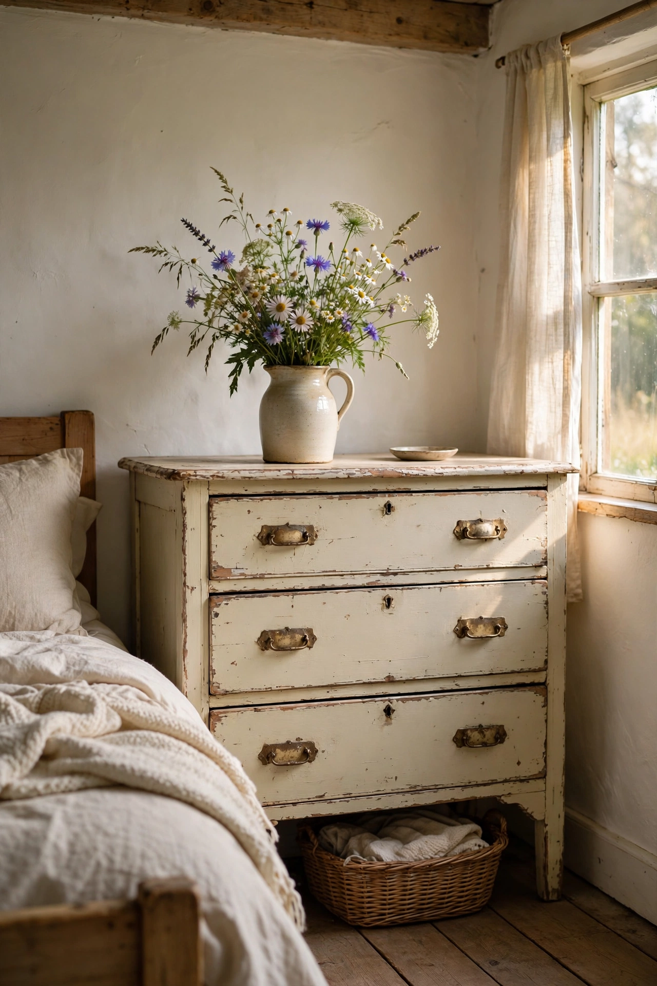 Distressed cream-painted vintage wooden dresser with fresh flowers on top