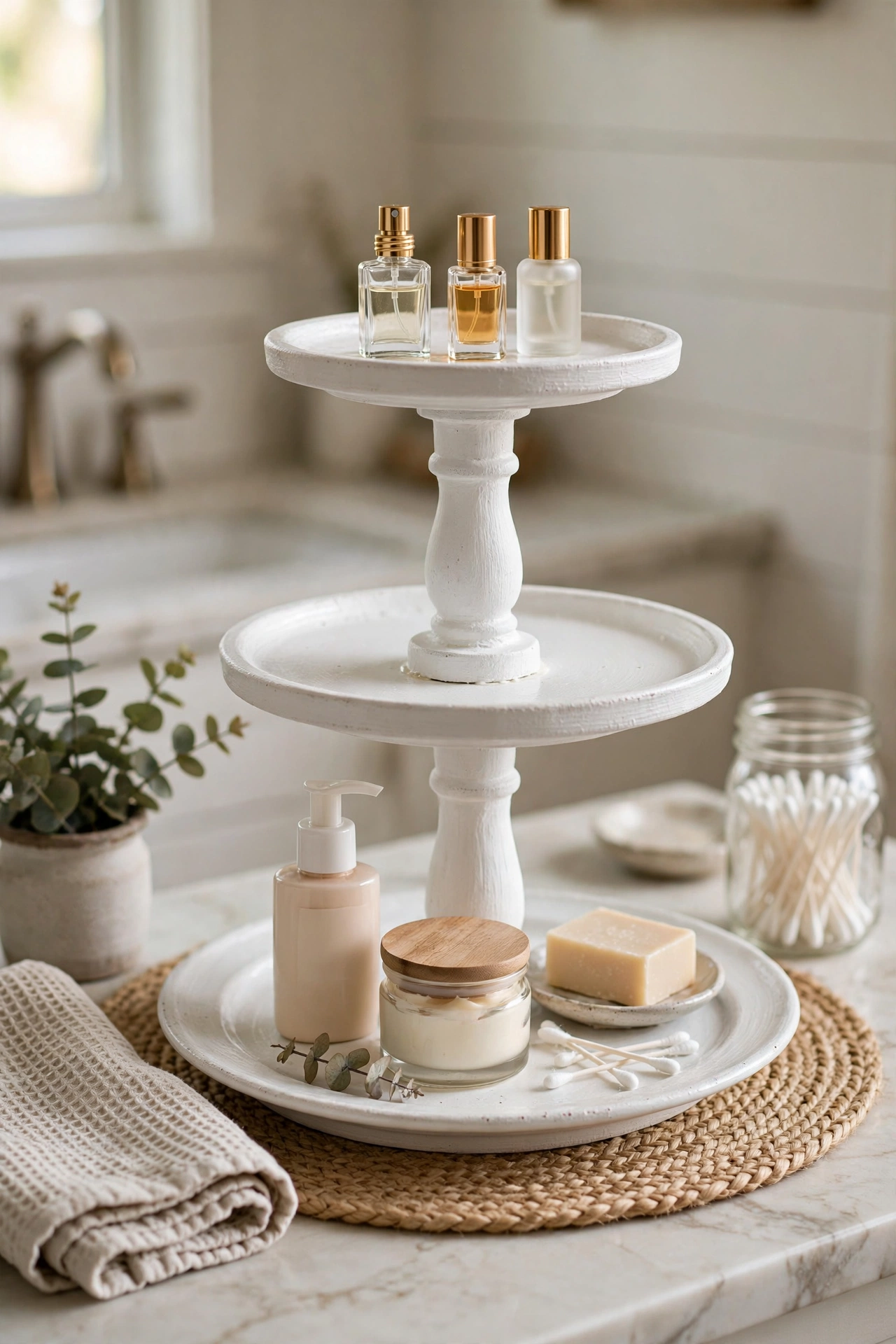 DIY two-tiered tray made from candlesticks and plates holding bathroom essentials
