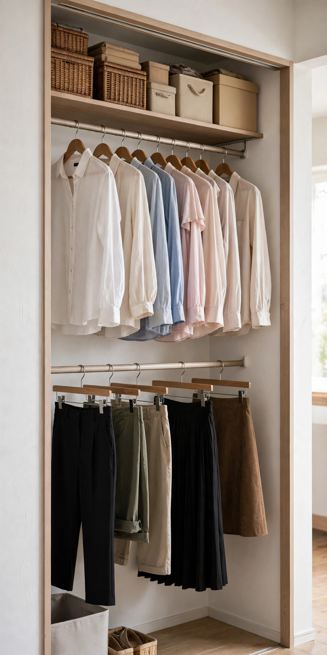 Two parallel clothing rods mounted one above the other maximizing vertical wall space