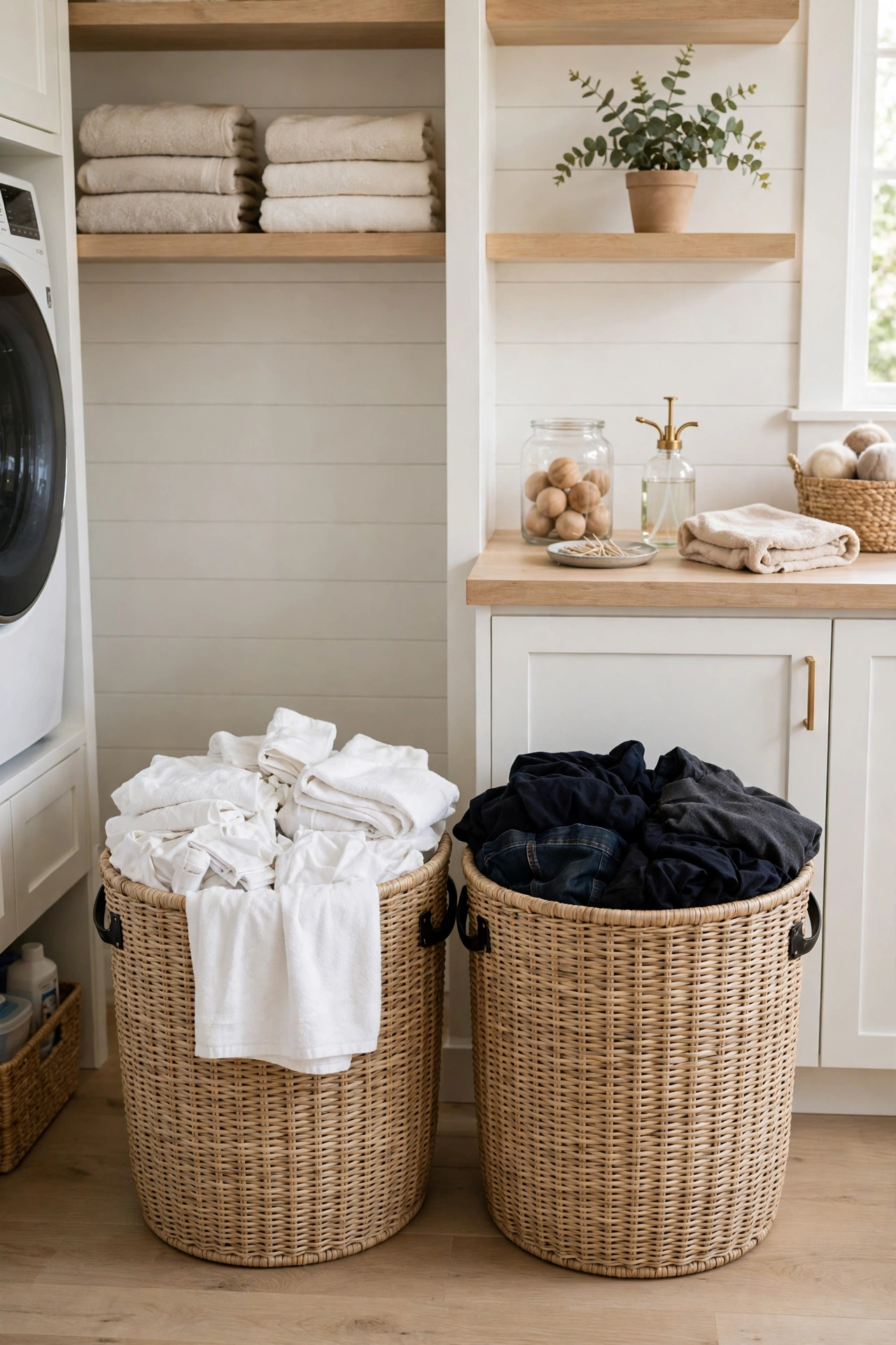 Two laundry hampers side by side labeled for lights and darks in a laundry area