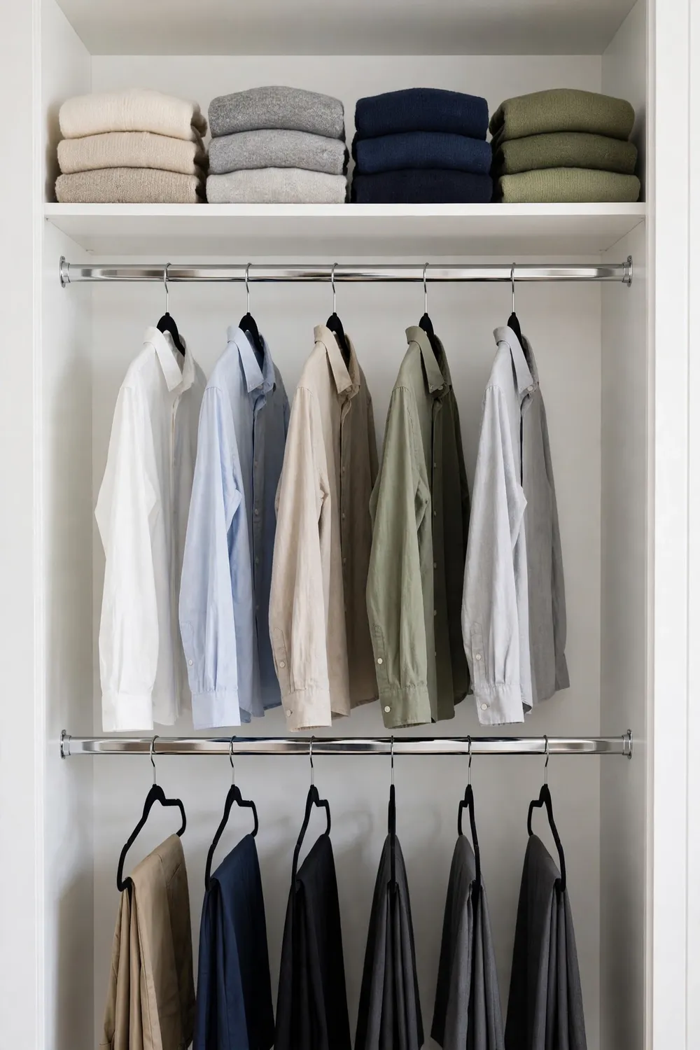 Closet with two stacked hanging rods doubling clothing storage capacity