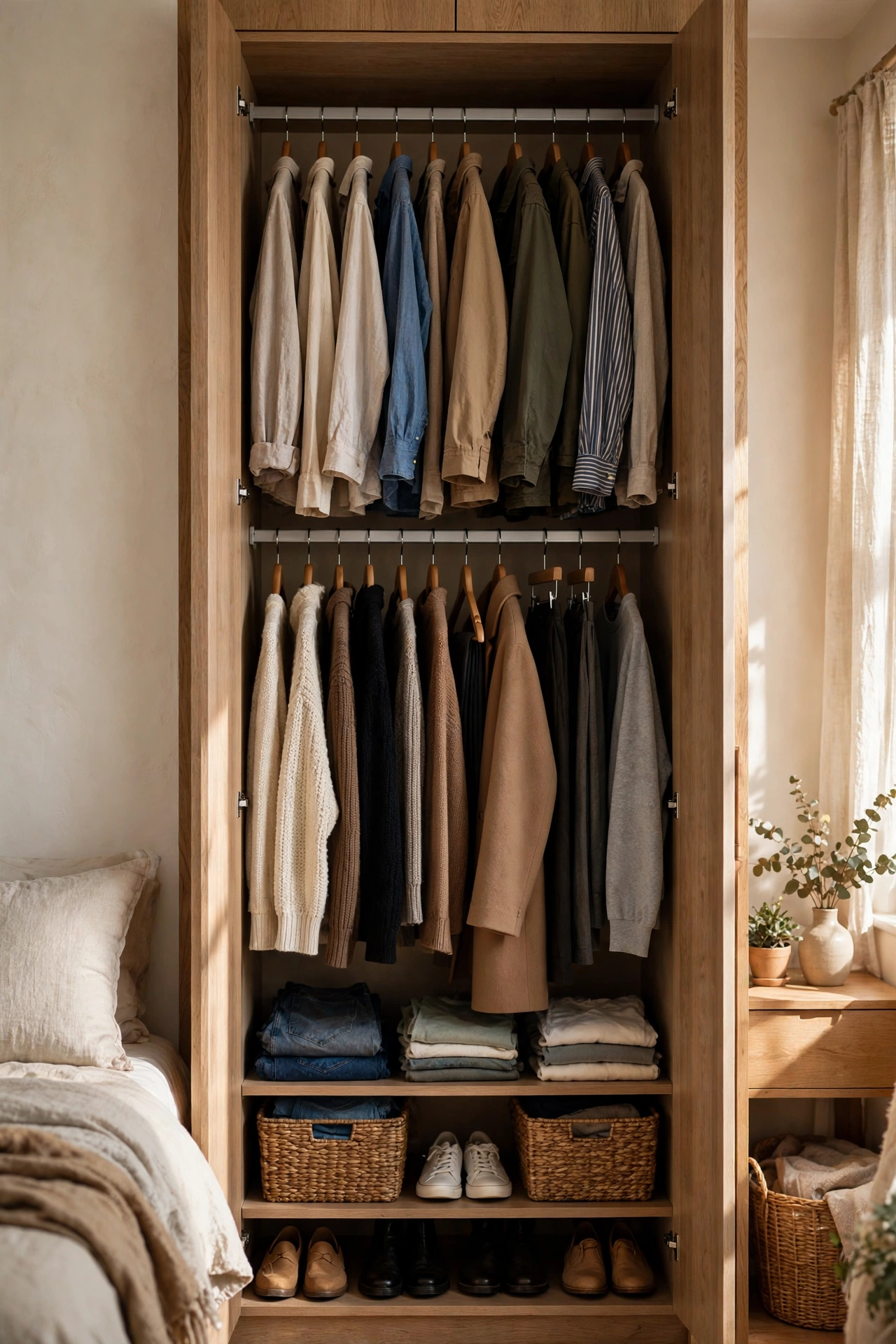Open fitted wardrobe interior with double hanging rails of clothes