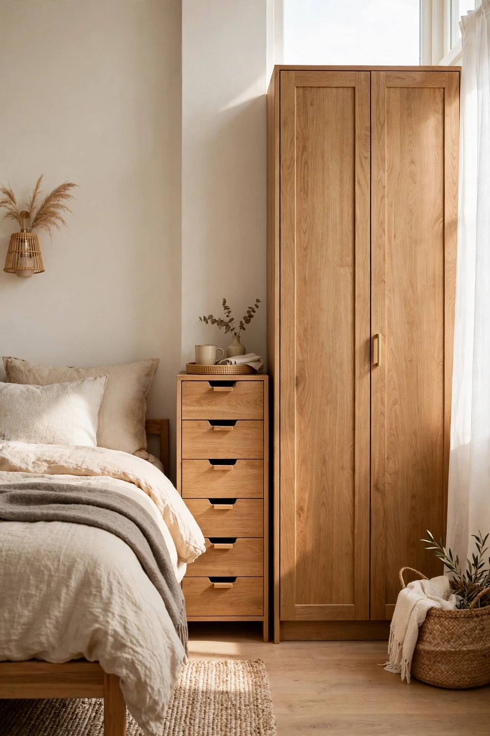Narrow drawer tower fitted between a bed and a wardrobe in a small bedroom