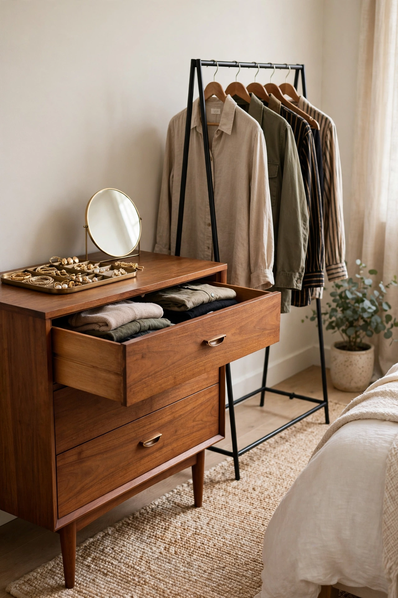 Mid-century wooden dresser beside a black metal garment rack with hung outfits