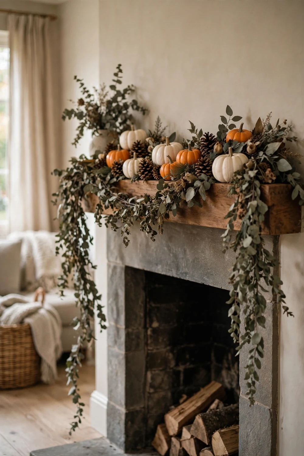 Fireplace mantel with dried eucalyptus garland draped over the ends and small pumpkins