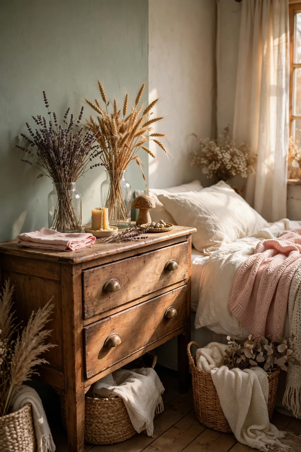 Dried lavender and wheat bouquets in glass vases on a wooden dresser