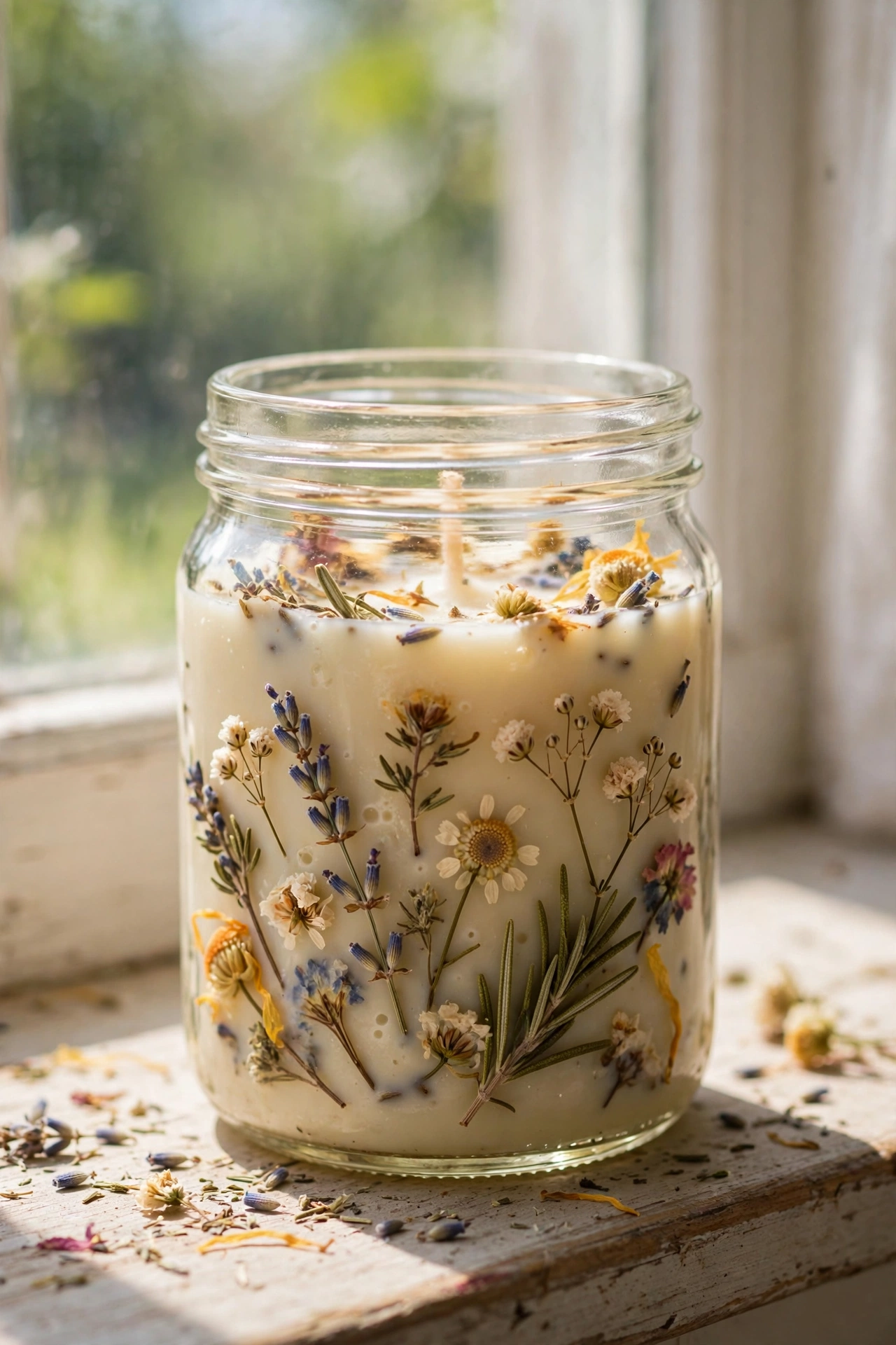 Botanical homemade candle with dried wildflowers pressed into wax on a windowsill