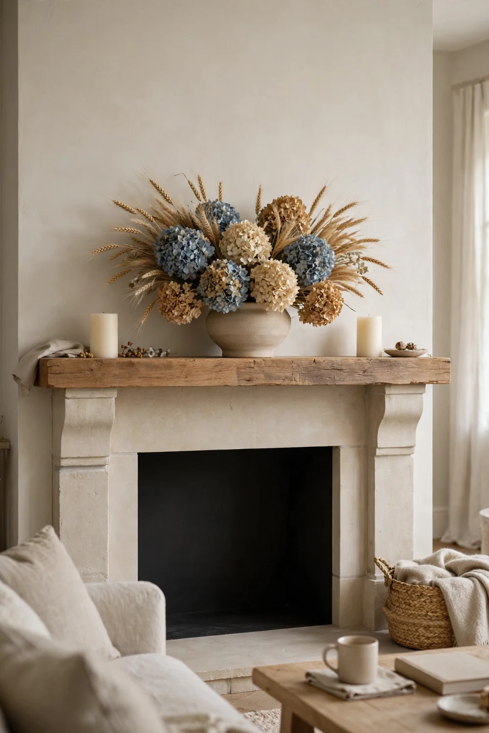 Dried hydrangeas and wheat stems in a low vase on a soft neutral fall mantel