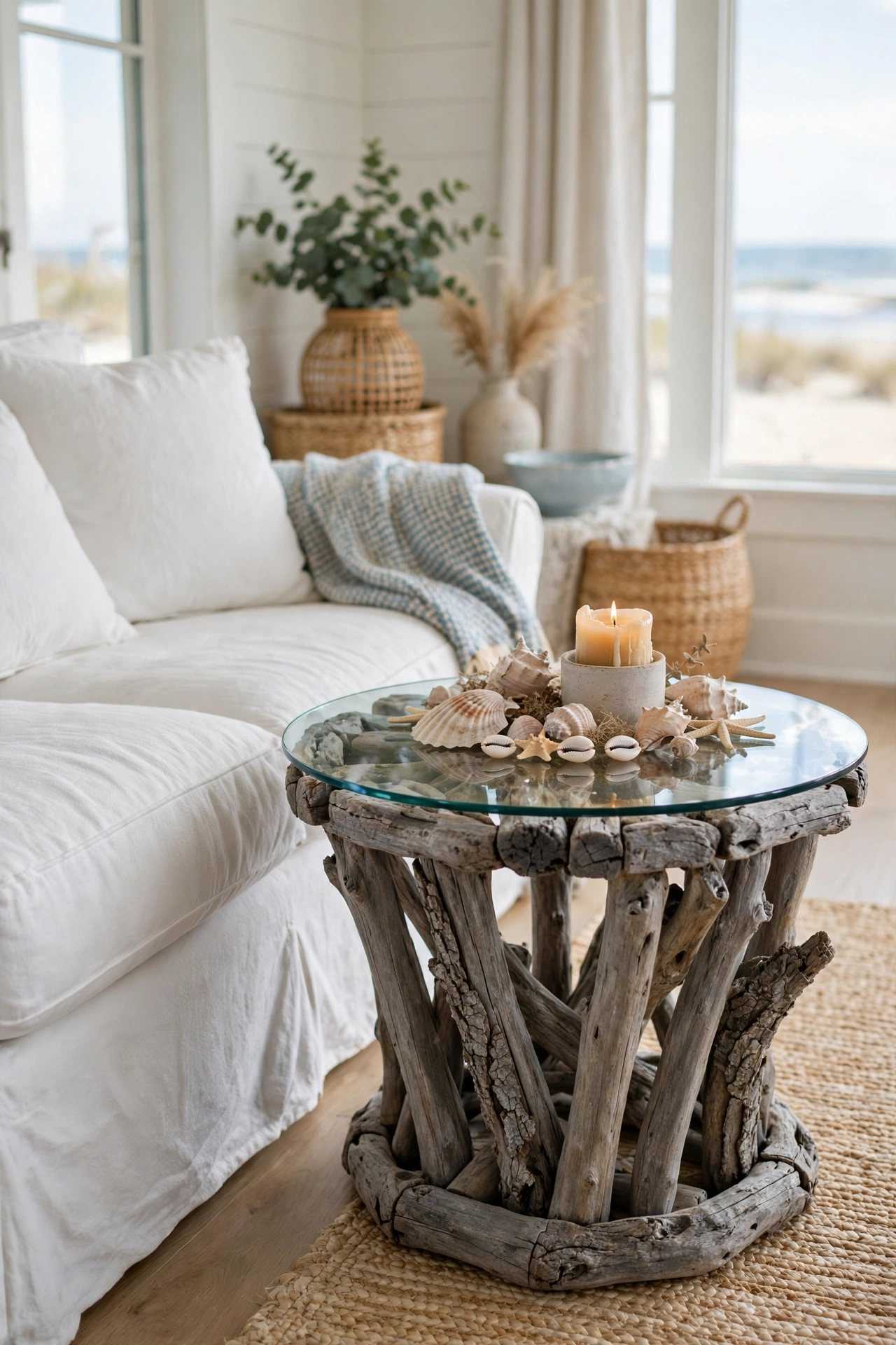 Driftwood side table with glass top beside a white slipcovered sofa