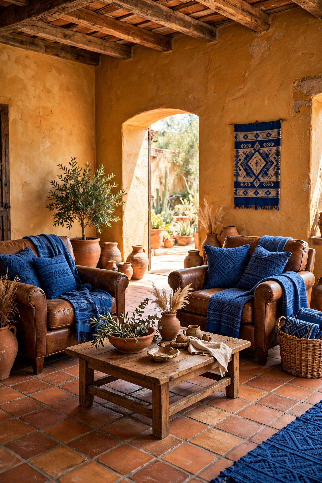 Hacienda living room in warm earthy palette with ochre walls, terracotta floor and cobalt textiles