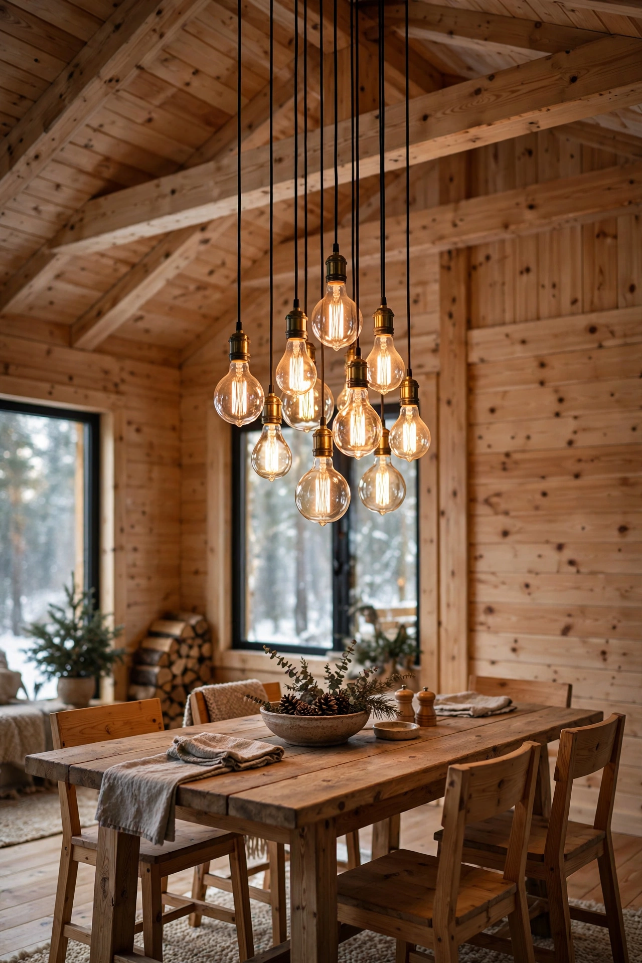 Cluster of Edison bulb pendant lights hanging over a pine cabin dining table