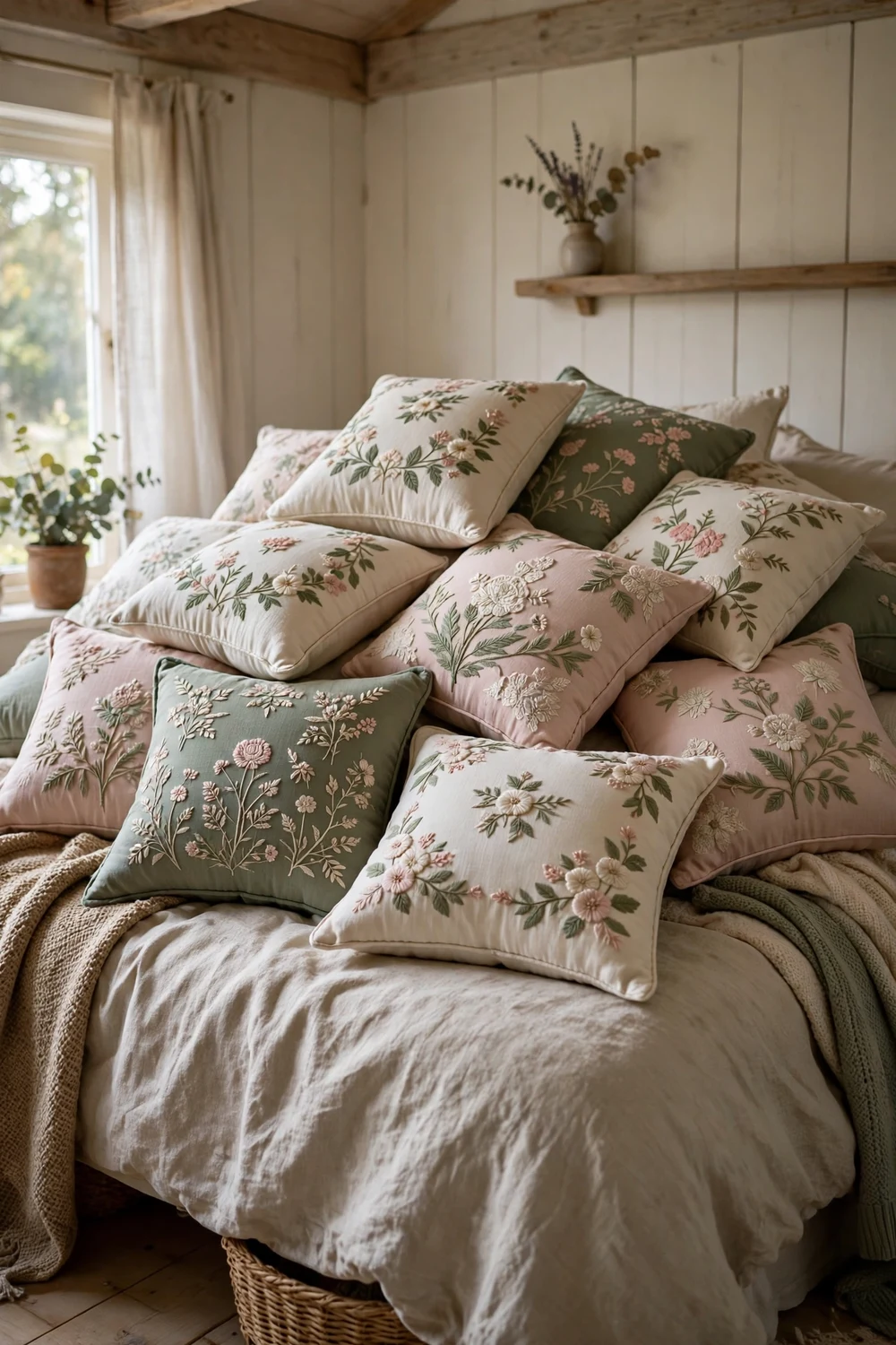 Pile of embroidered floral cushions on a bed in a cottage bedroom