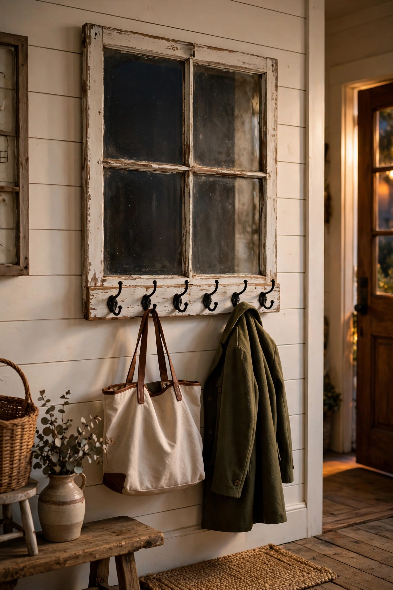 Old window frame with black metal hooks mounted in an entryway holding coats and bags