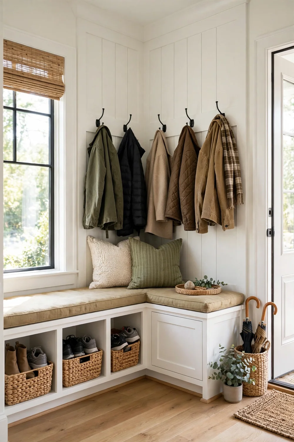 Corner bench with storage cubbies in entryway holding shoes and baskets