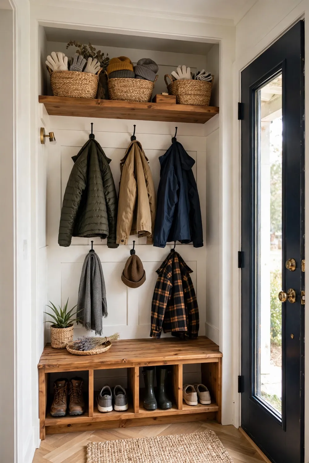 Entryway closet converted into a mudroom with bench hooks and overhead loft storage