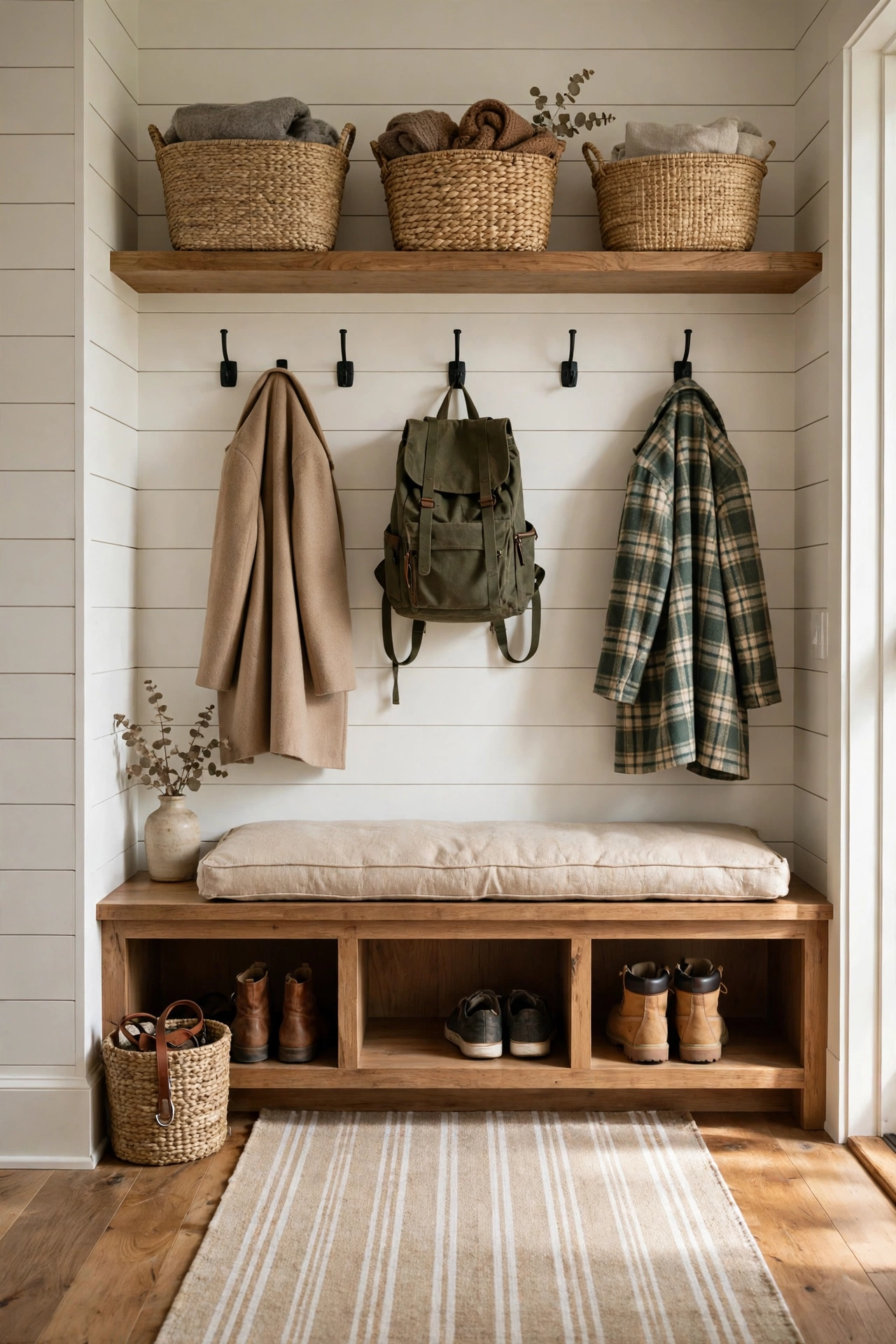 Entryway mudroom open closet with hooks, bench, shoe cubbies and baskets