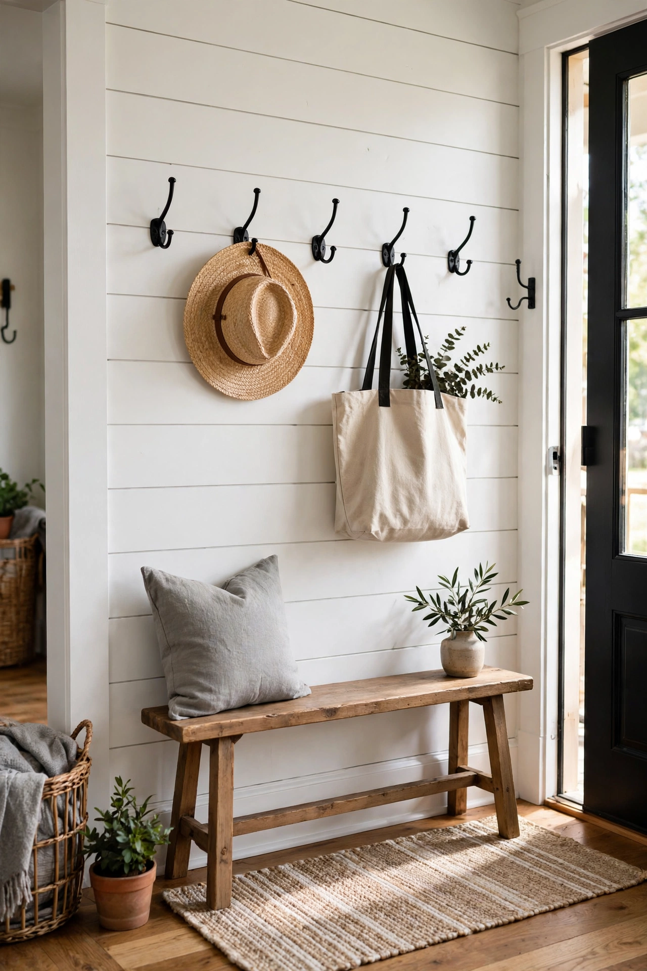 Farmhouse entryway with a white shiplap wall, black coat hooks, and a wooden bench