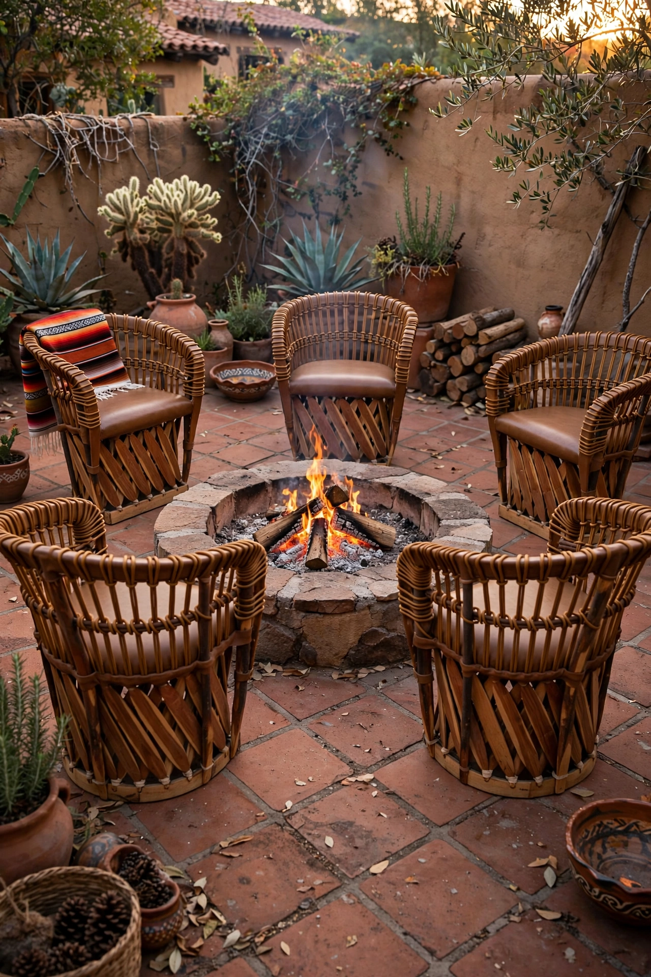 Traditional Equipal woven leather chairs around a fire pit on a terracotta patio