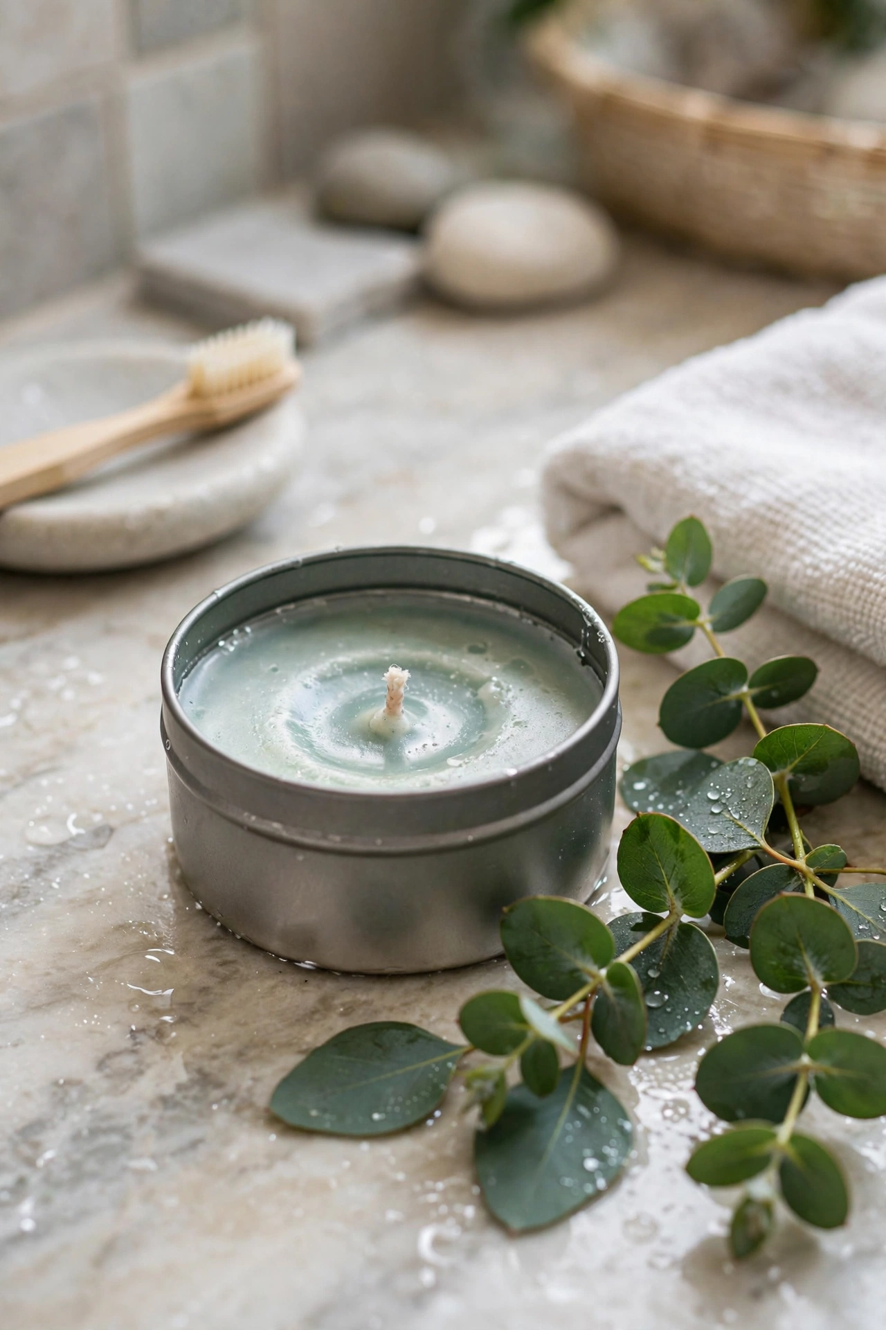 Eucalyptus mint scented candle in a small round metal tin with eucalyptus leaves